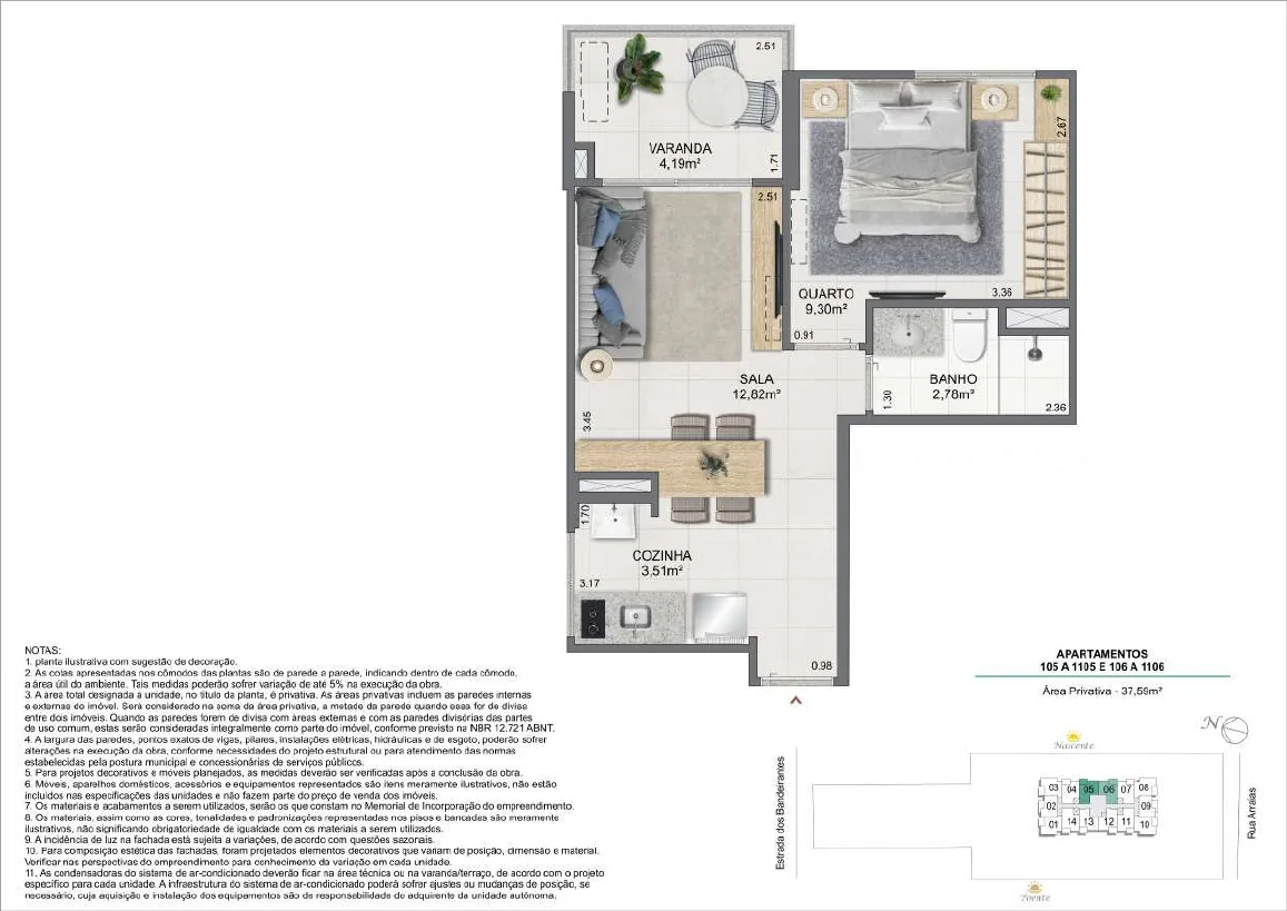 Planta do apartamento tipo de 1 quarto — 37,59 m², colunas 05 e 06