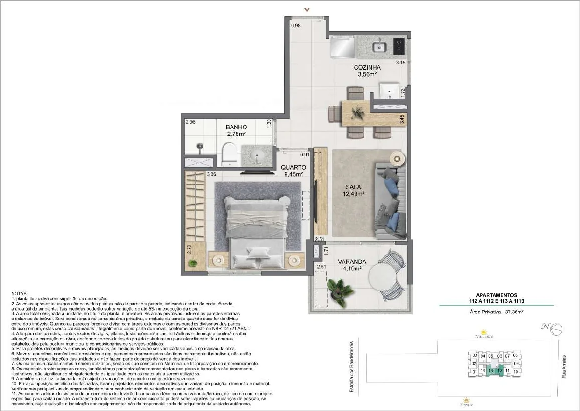 Planta do apartamento tipo de 1 quarto — 37,36 m², colunas 12 e 13