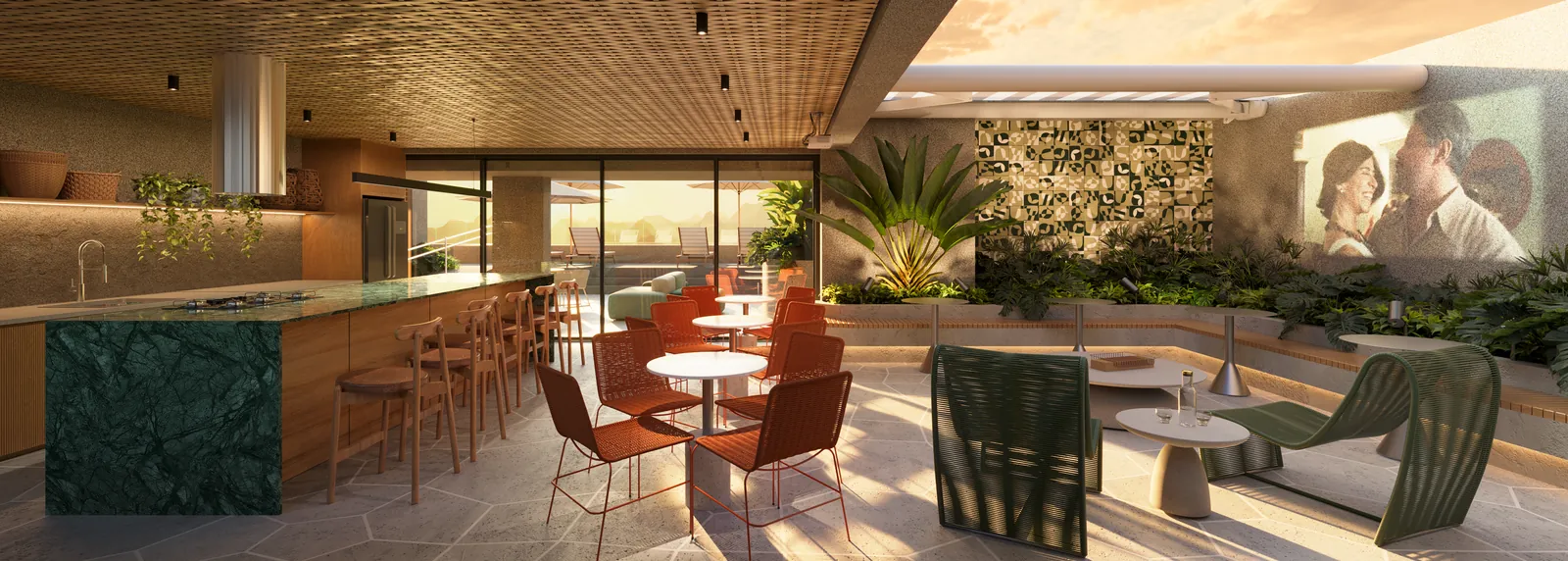 O espaço gourmet e de festas do rooftop do Oriá