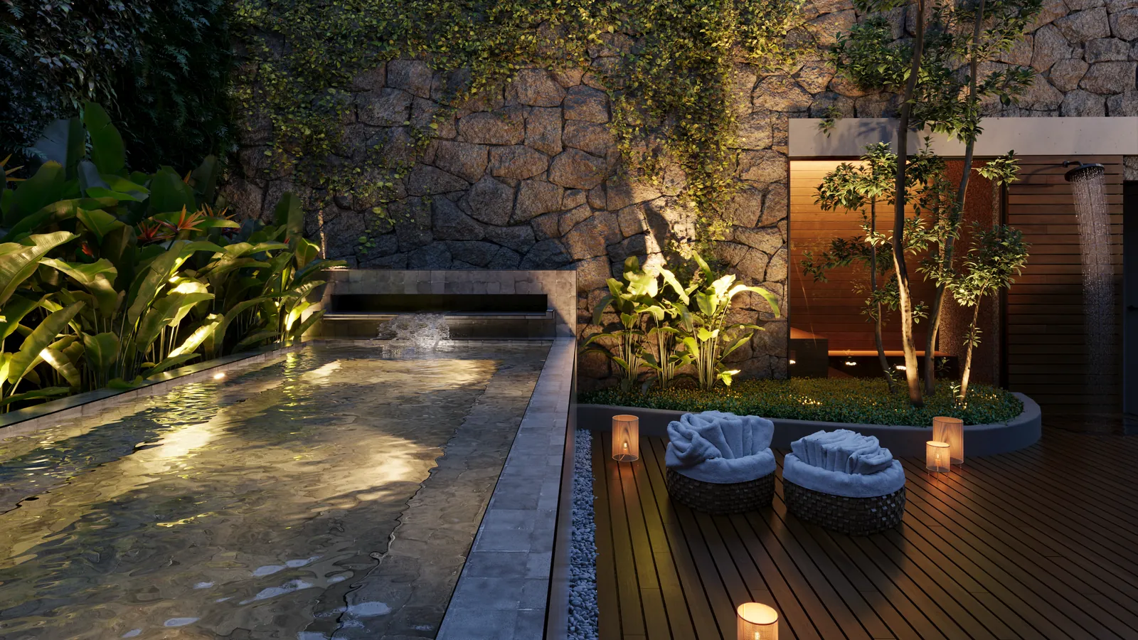 A piscina aquecida e o espaço zen do Oriá, com deck de madeira