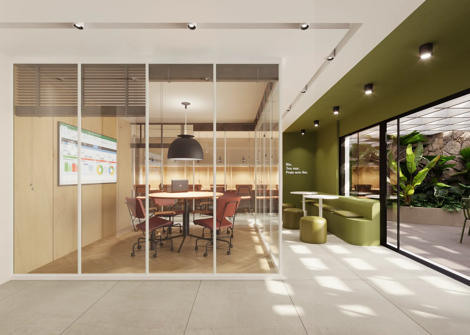 O coworking do Oriá, com sala de reunião envidraçada