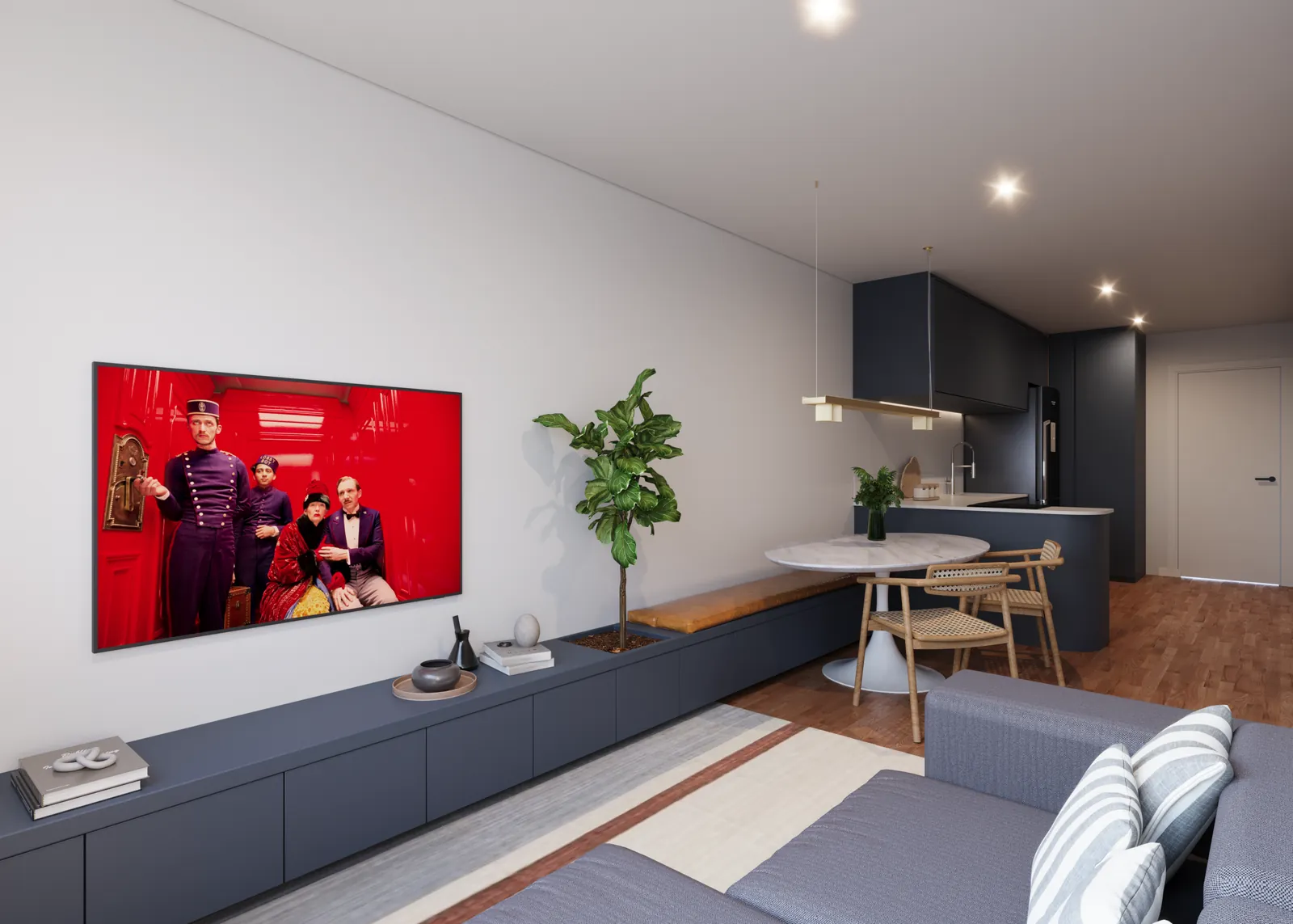 A sala de um apartamento de 1 quarto do Oriá, com cozinha integrada