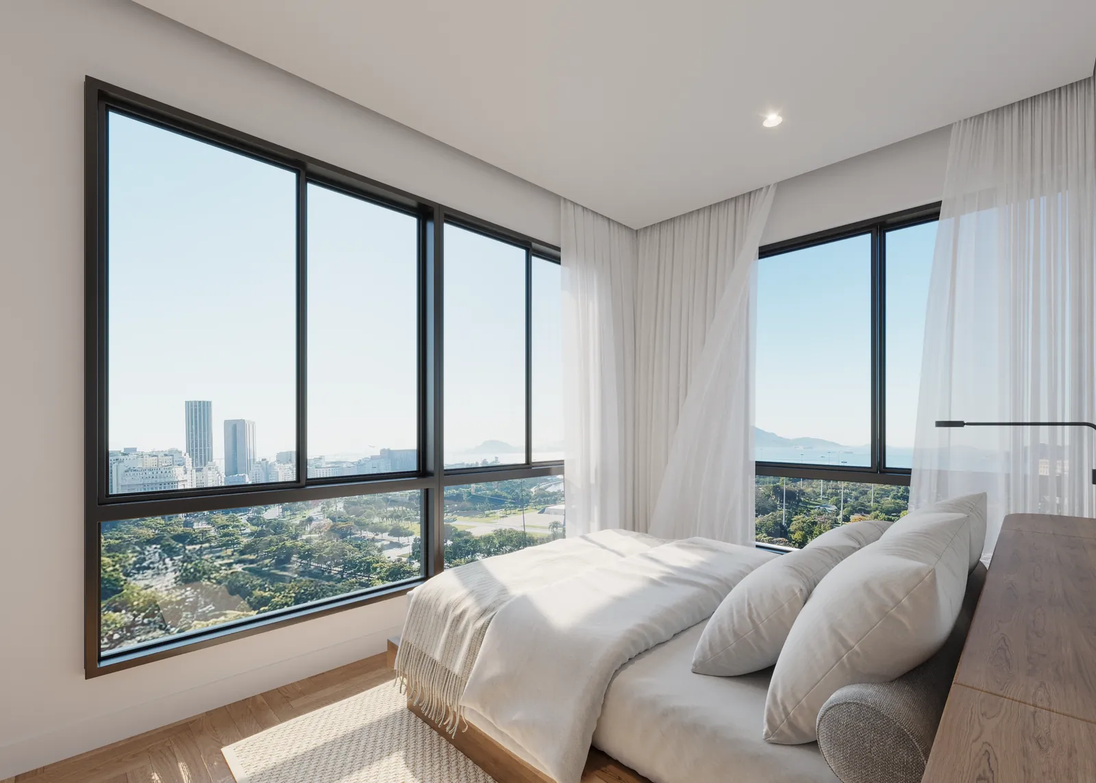 A suíte de um apartamento do Oriá, com cama de casal e vista da cidade