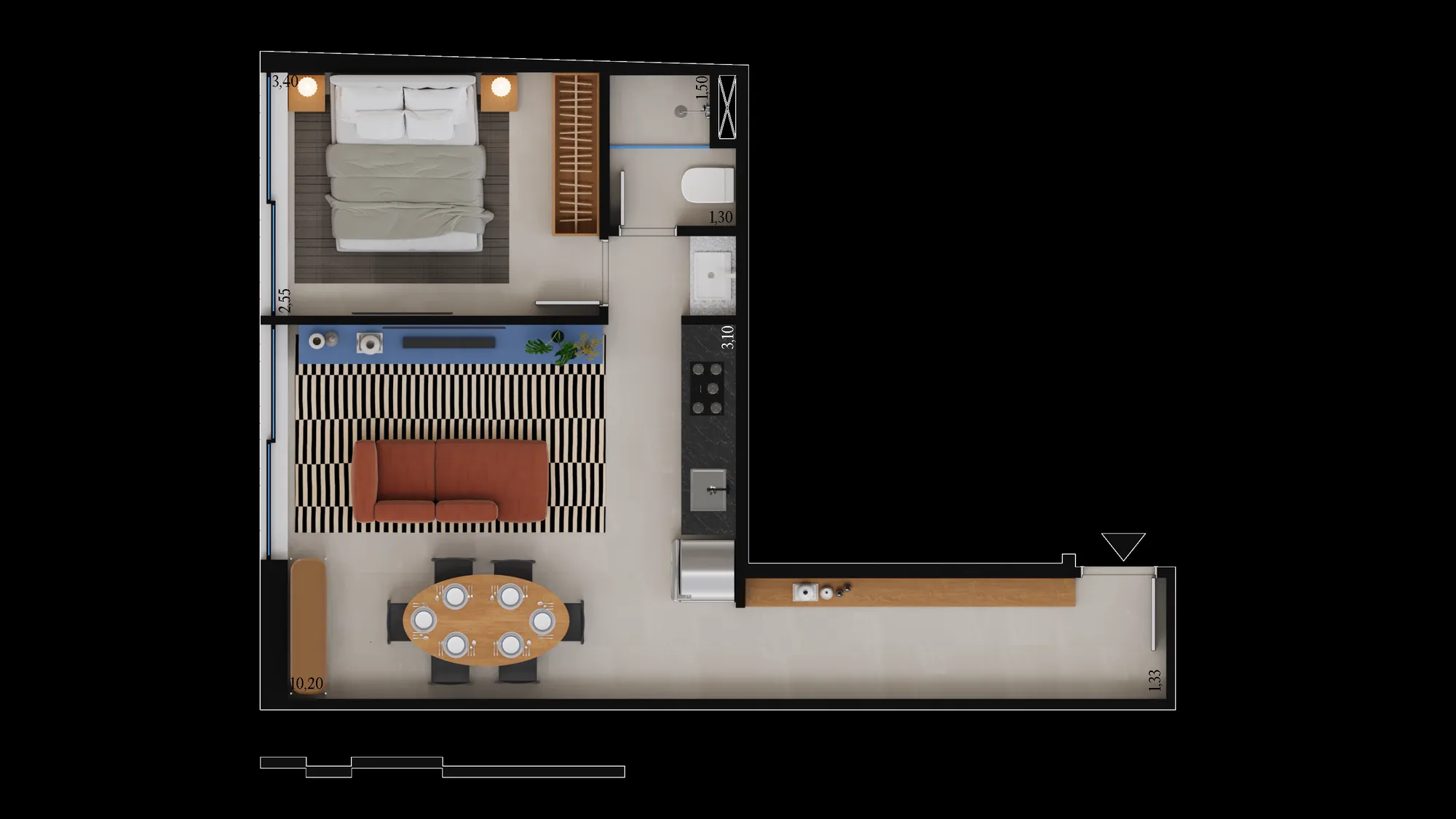 Planta humanizada: 1 quarto de 45 m² do Oriá