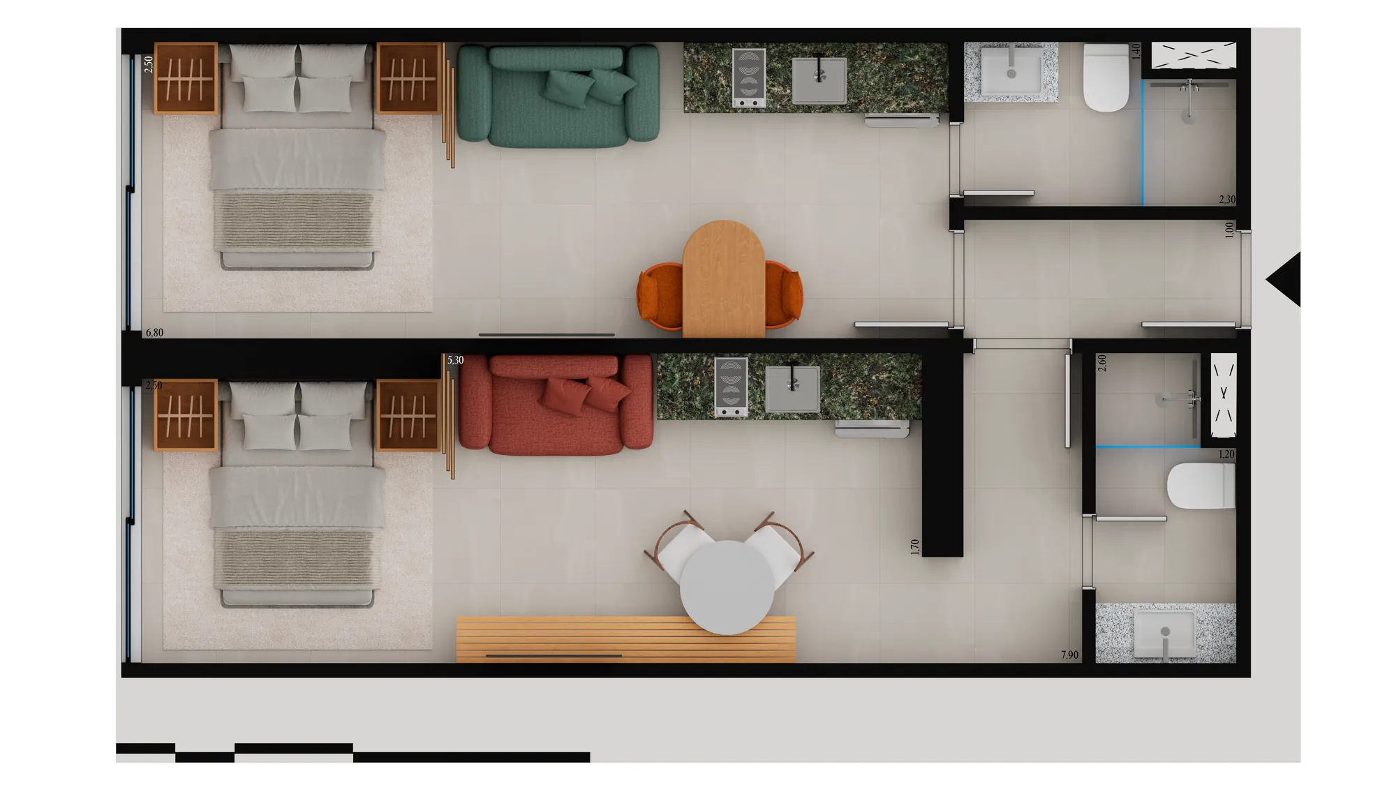 Planta humanizada: double suíte de 51 m² do Oriá