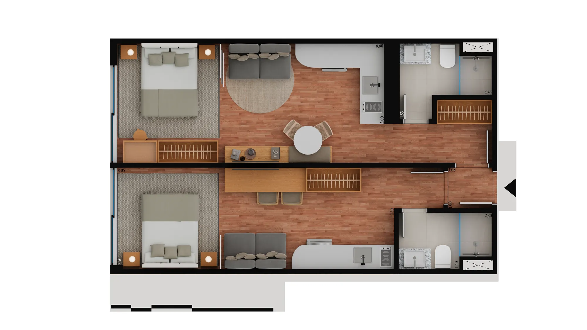 Planta humanizada: double suíte ou 1 quarto de 54 m² do Oriá