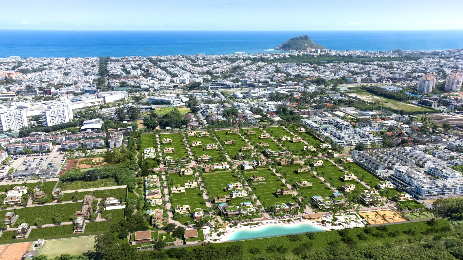 Vista aérea do Recreio com o condomínio em primeiro plano e o mar ao fundo