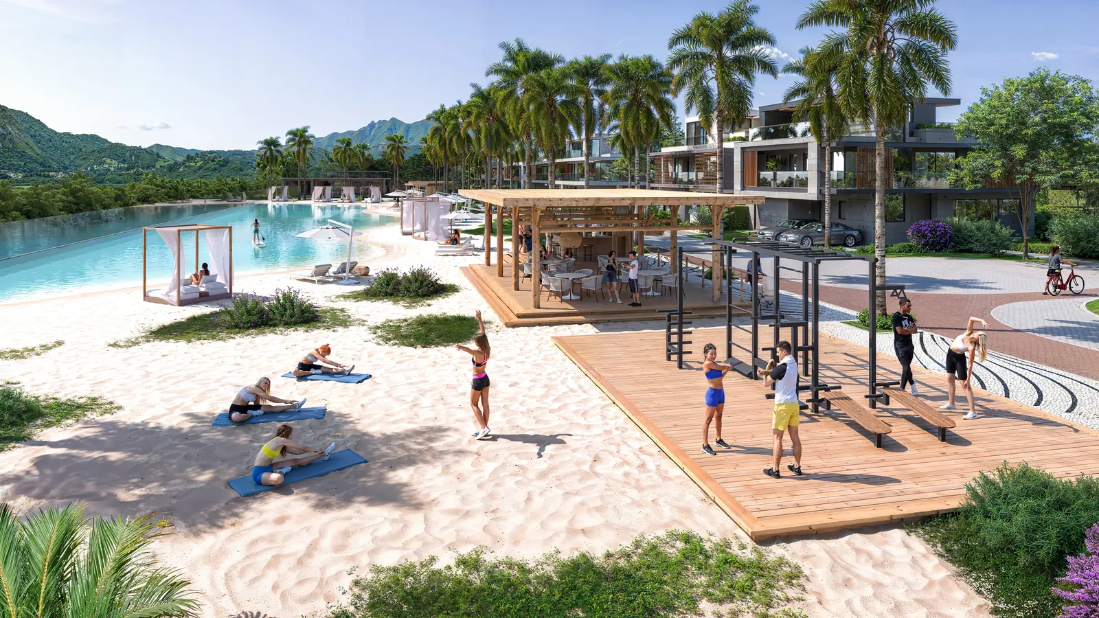 Área de fitness ao ar livre sobre deck de madeira, ao lado da prainha