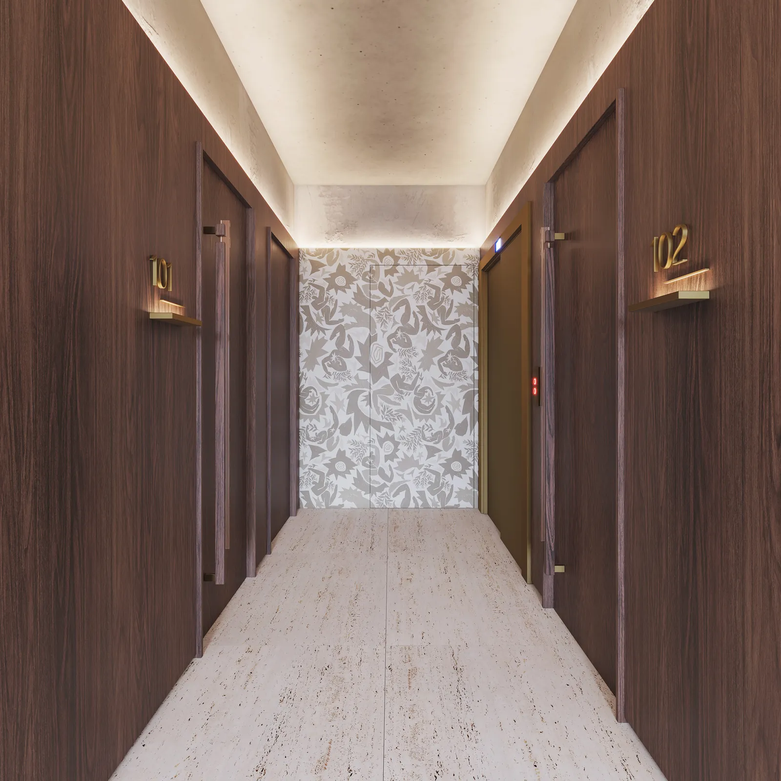 Hall dos apartamentos com madeira, luz indireta e papel de parede no fundo