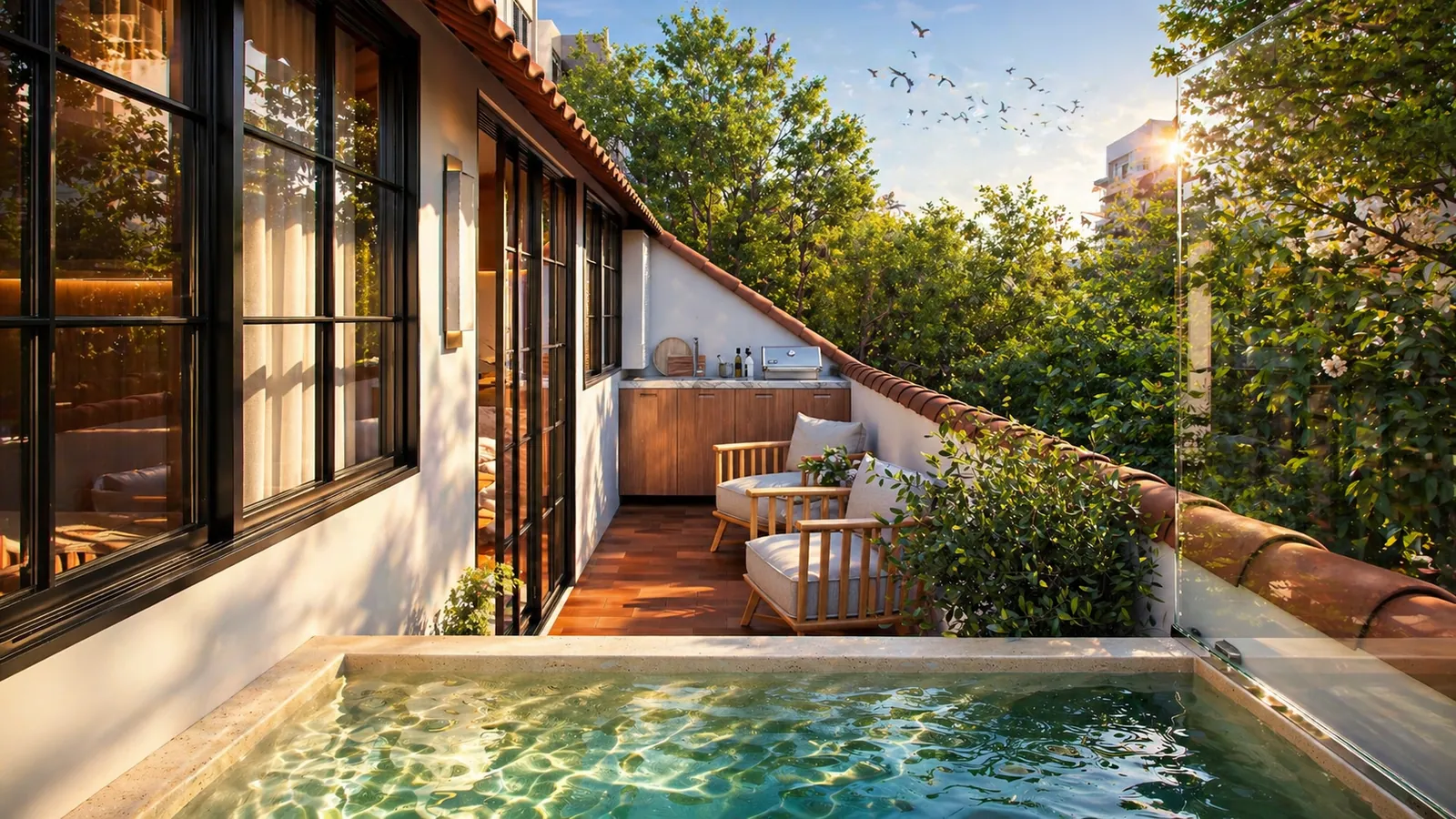 Terraço da cobertura com piscina, telhado de barro e árvores em volta