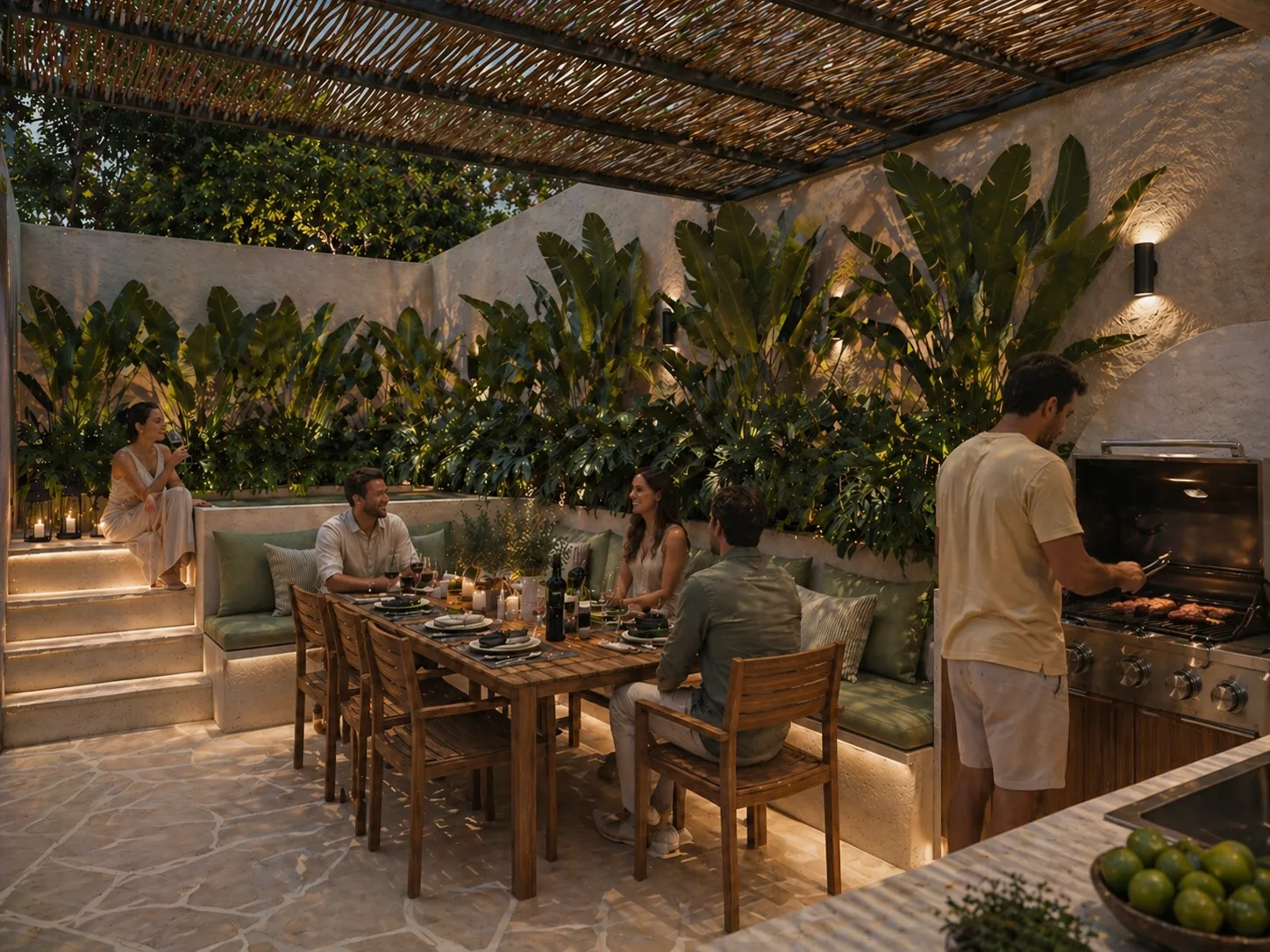 Lounge externo com pergolado, mesa comprida, churrasqueira e plantas