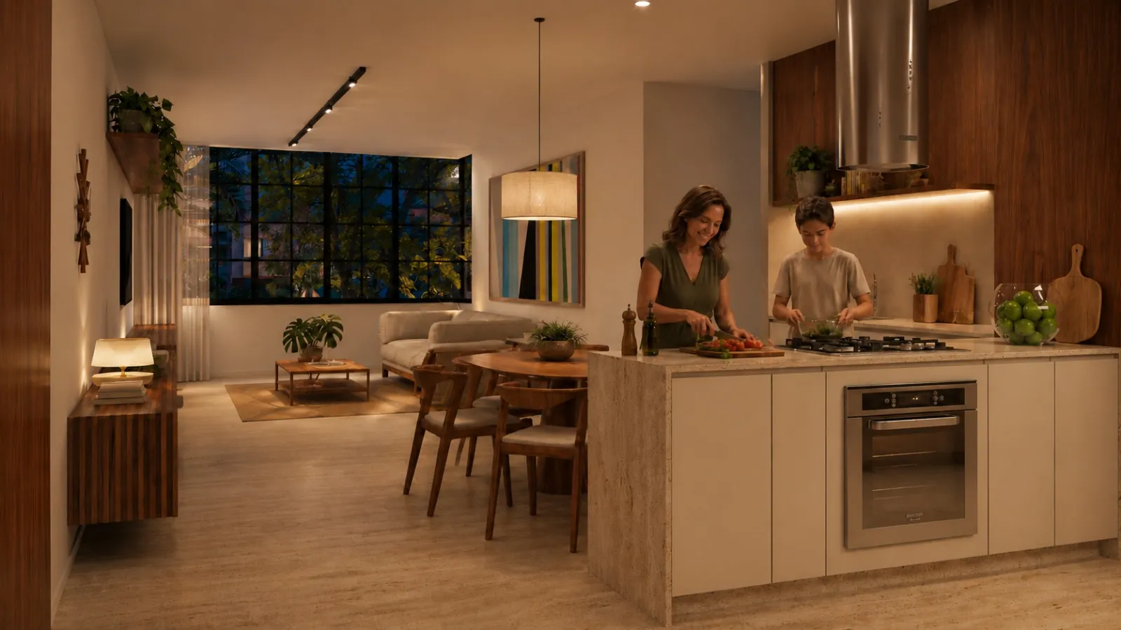 Sala com cozinha aberta, mesa de jantar redonda e janelas de ferro