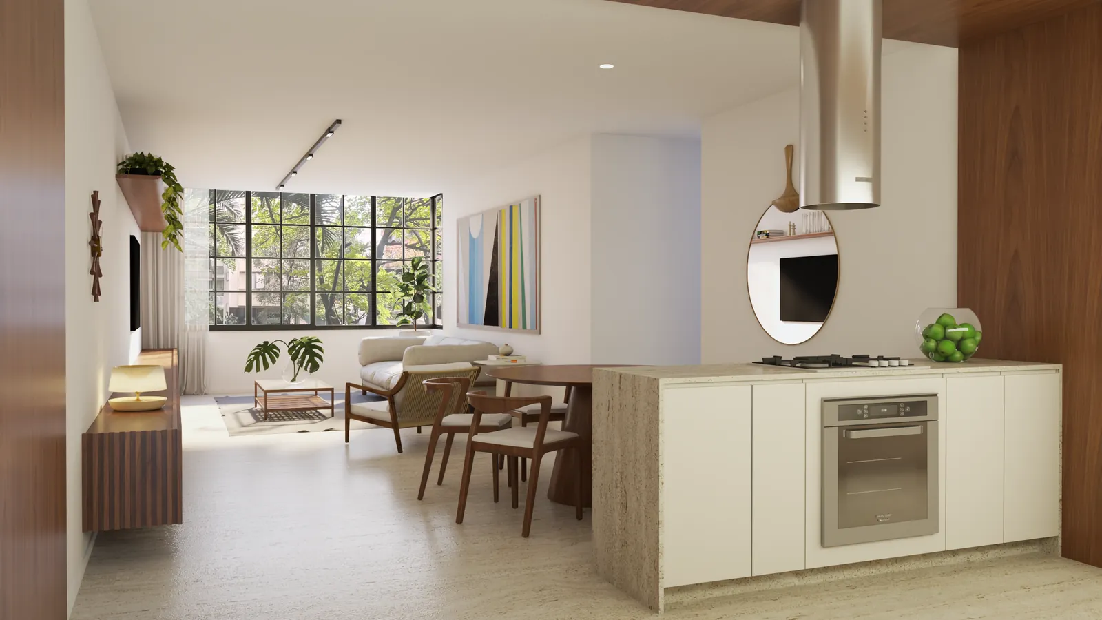 Cozinha integrada à sala, com bancada clara e armários de madeira