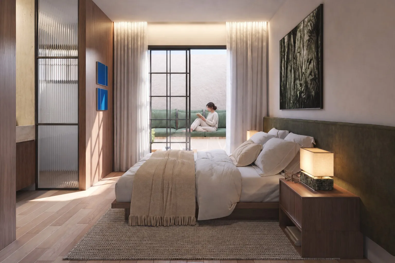 Suíte com cama de casal, luminária de mesa e porta de vidro para o jardim