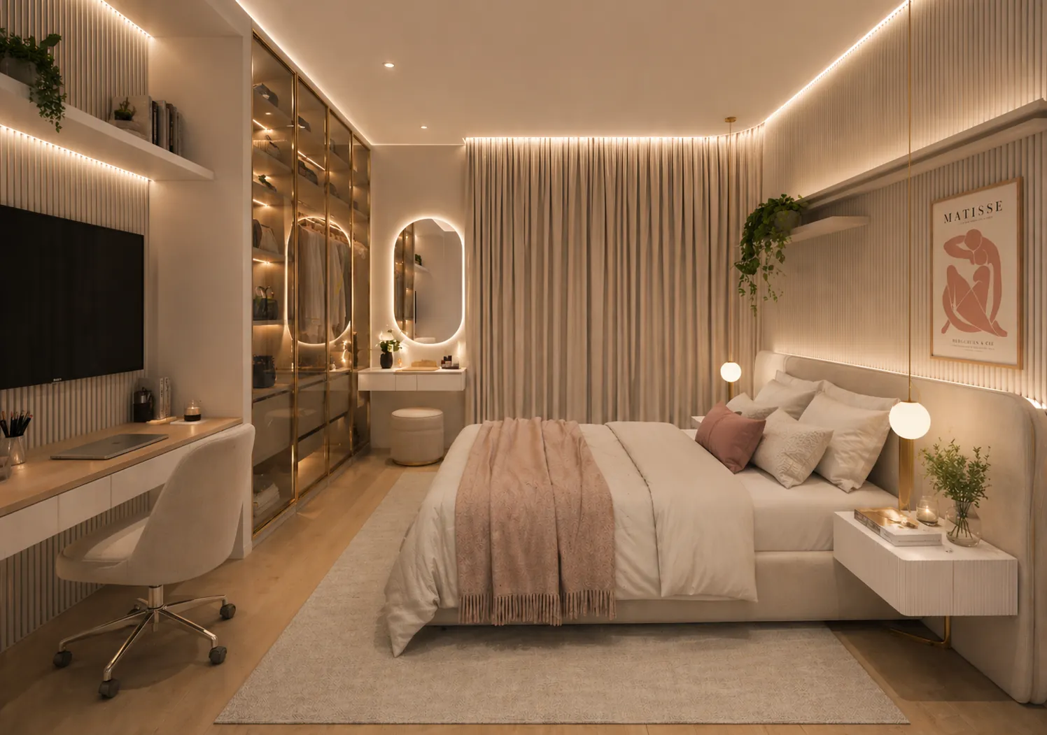 Quarto em tons de rosa e creme, com penteadeira e estante iluminada