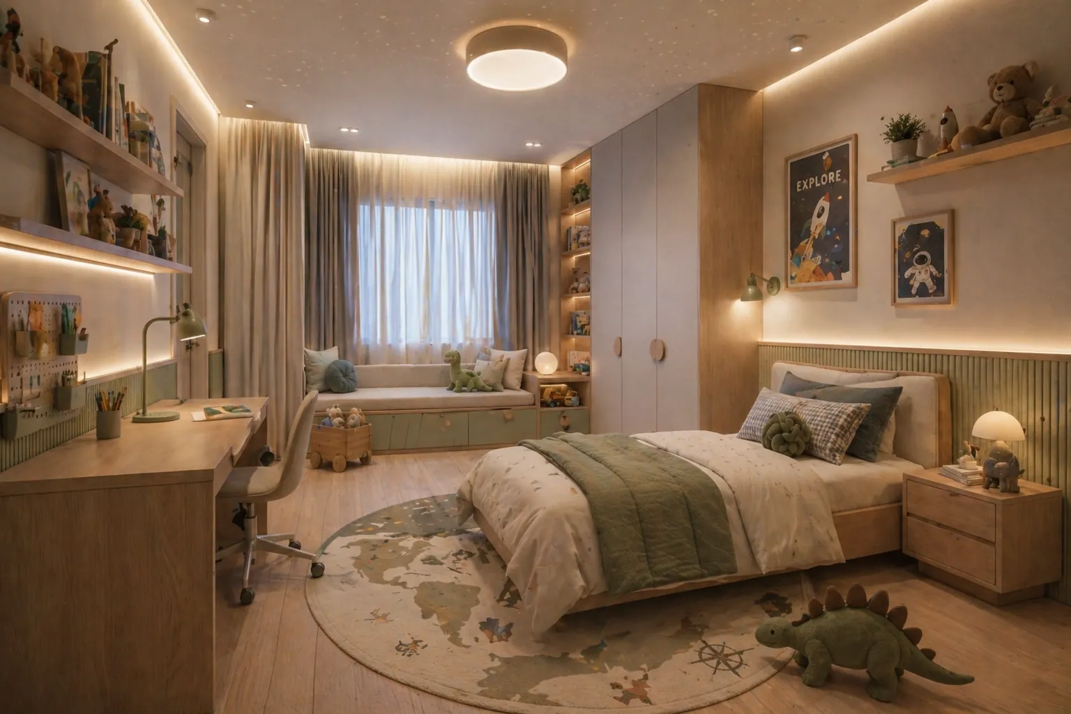 Quarto infantil com cama de solteiro, tapete de mapa e estante de brinquedos