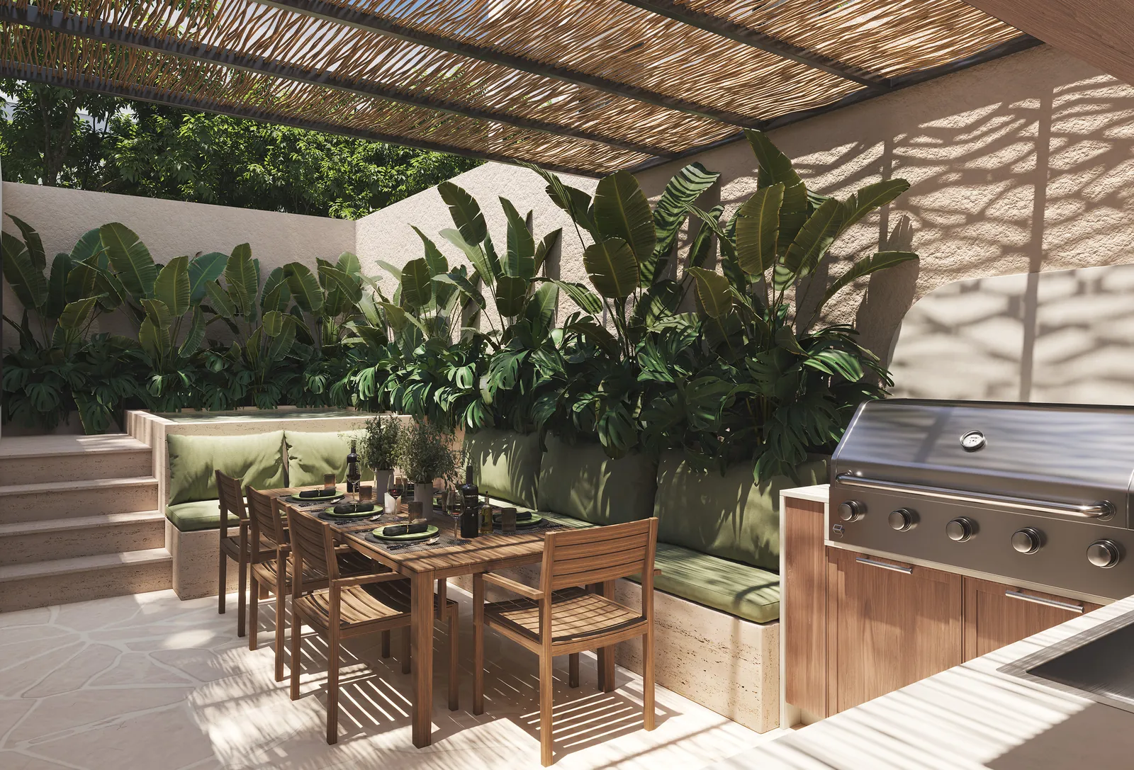 Terraço do garden com pergolado, mesa de madeira, churrasqueira e plantas tropicais