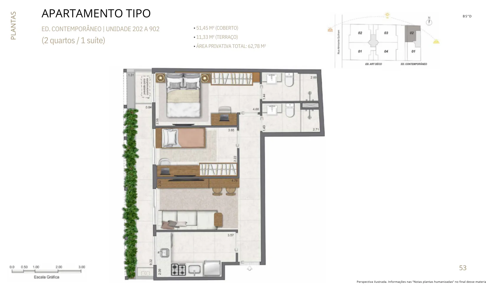 Planta humanizada: 2 quartos no prédio novo do Paradís