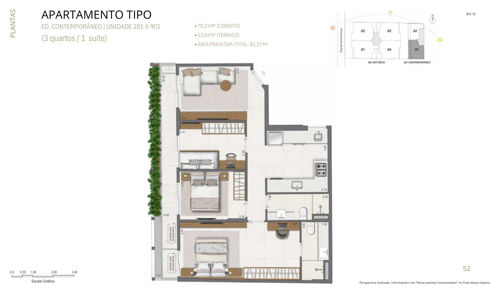 Planta humanizada: 3 quartos no prédio novo do Paradís