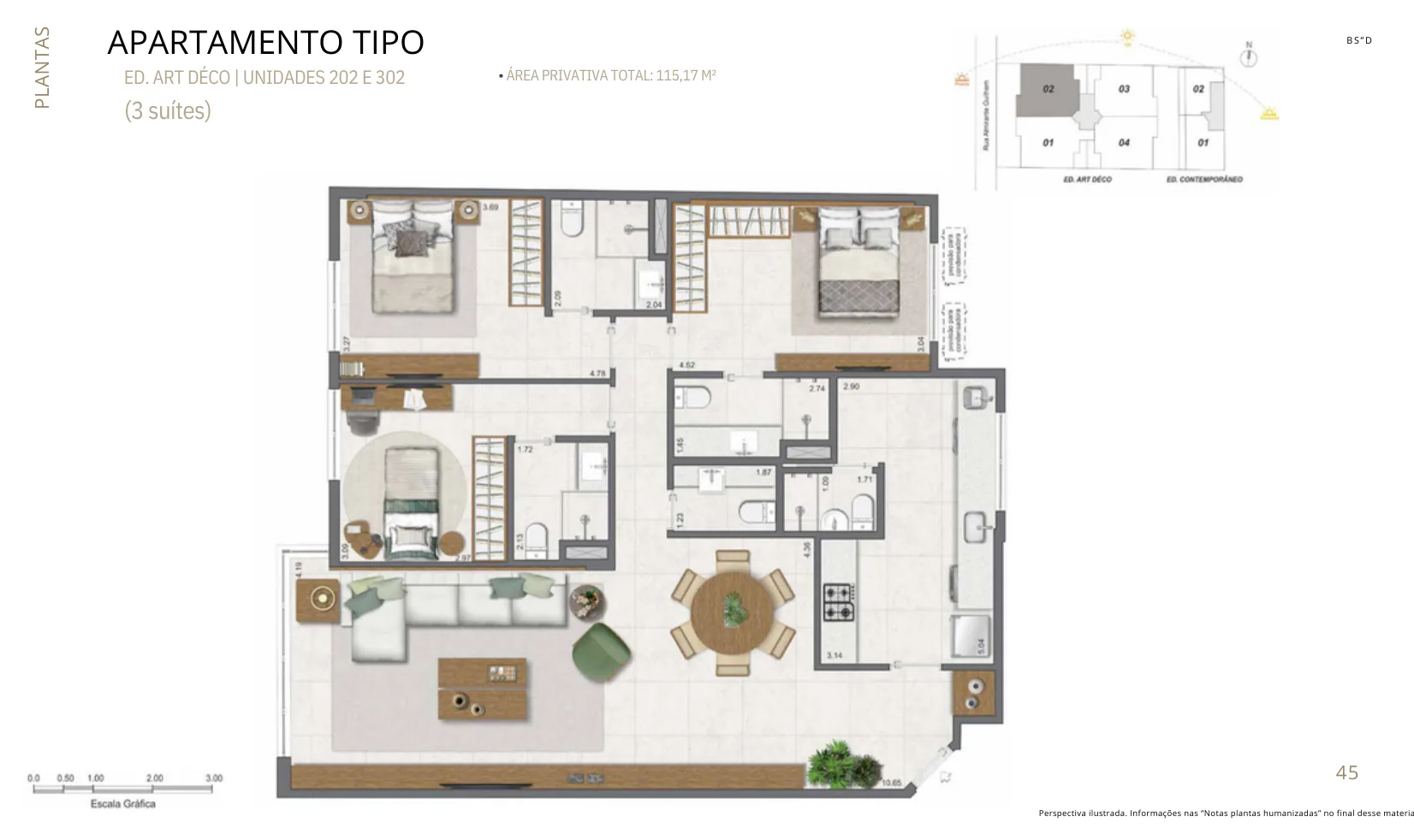 Planta humanizada: apartamentos de 3 suítes do Paradís
