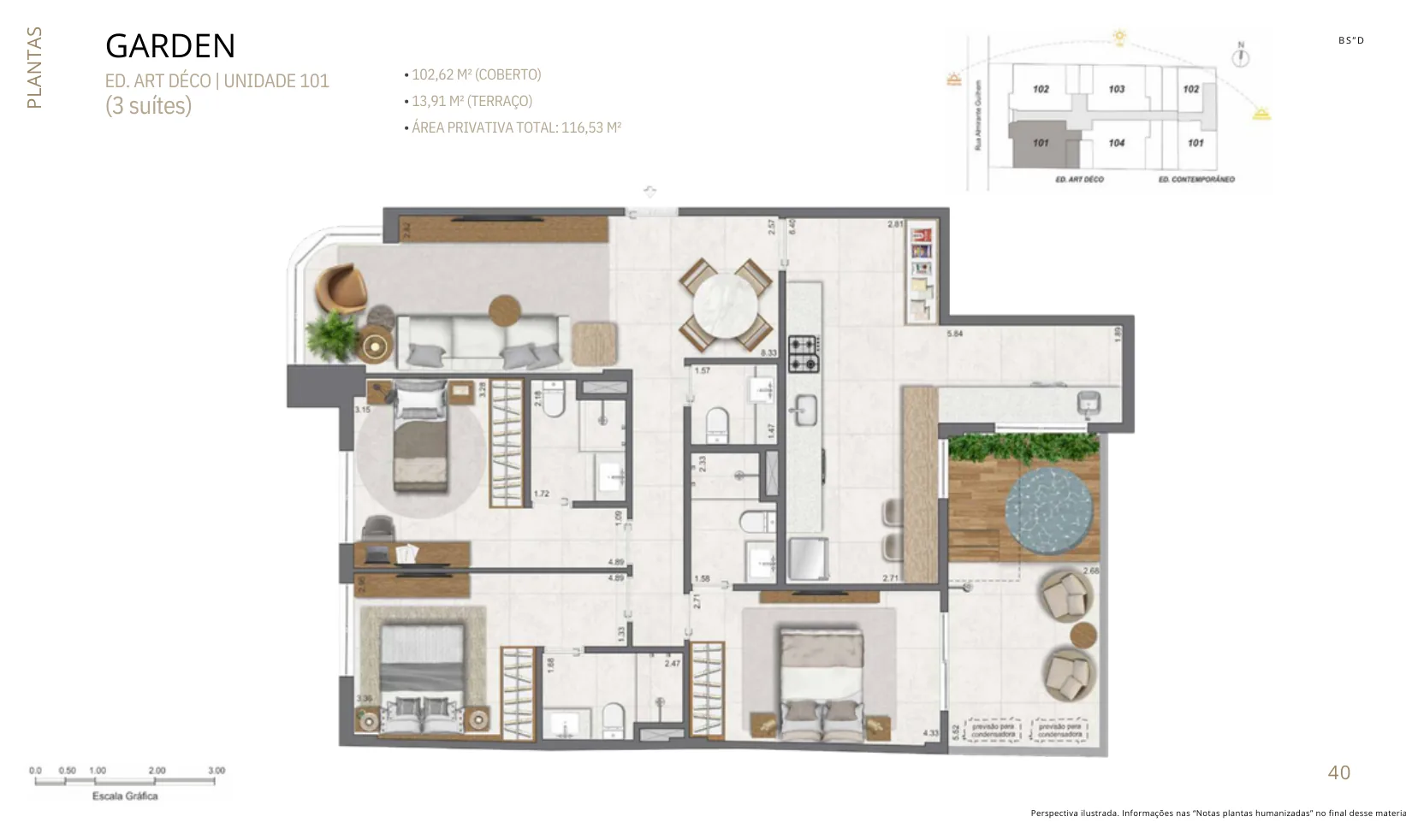Planta humanizada: garden de 3 suítes do Paradís