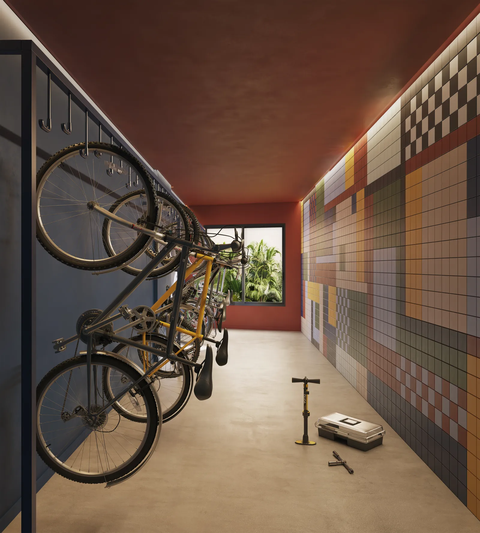 Bicicletário com bicicletas penduradas e parede de azulejos coloridos