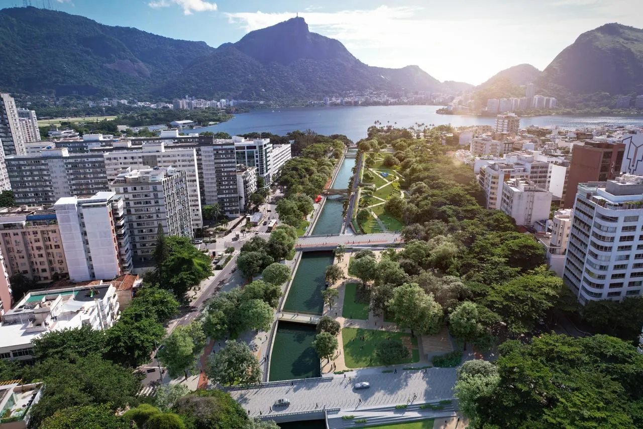 Projeto de revitalização do Jardim de Alah visto do alto, com a Lagoa e os morros ao fundo
