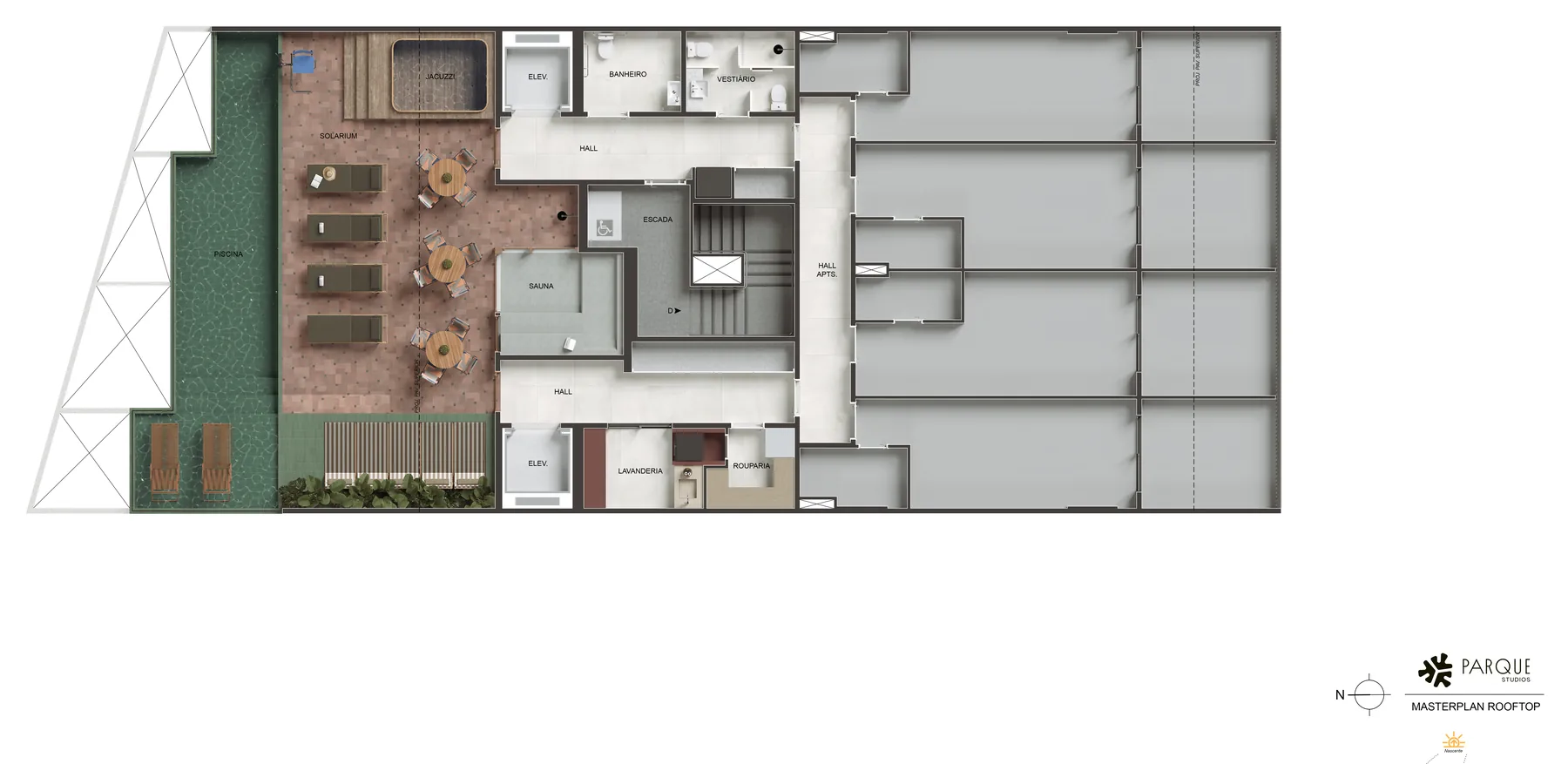 Planta humanizada: Rooftop: piscina, solarium, jacuzzi, sauna e lavanderia