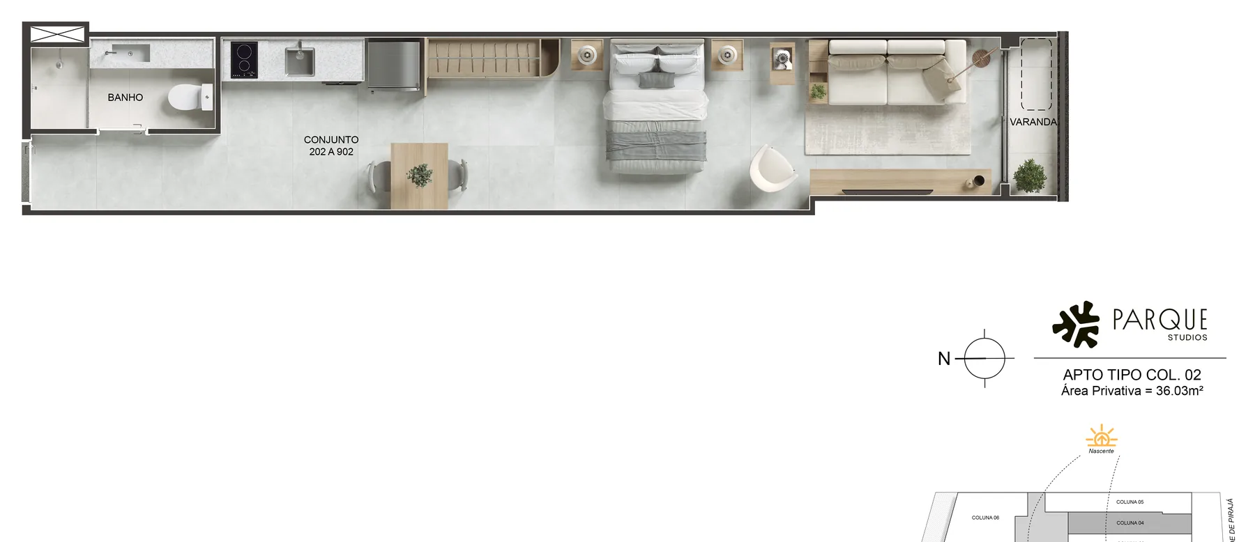 Planta humanizada: Studio, coluna 02 · 36,03 m²