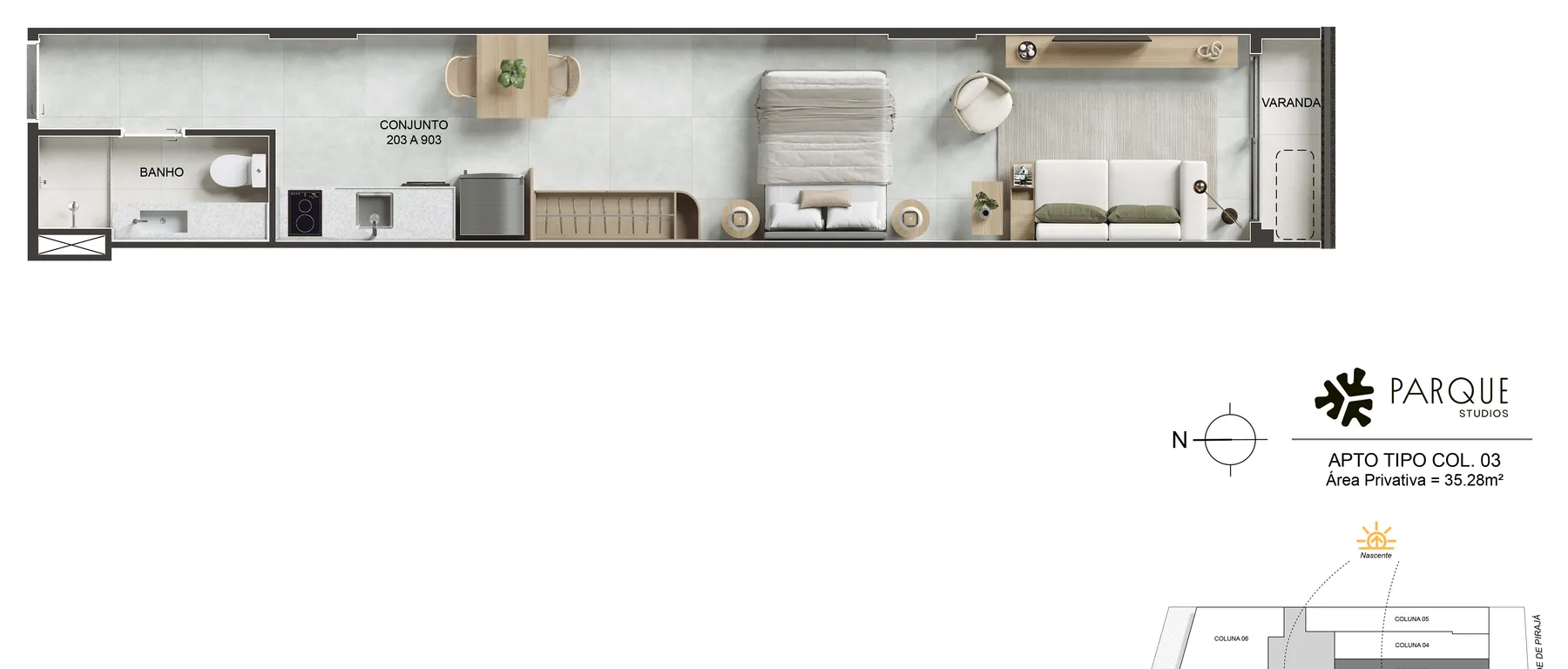 Planta humanizada: Studio, coluna 03 · 35,28 m²