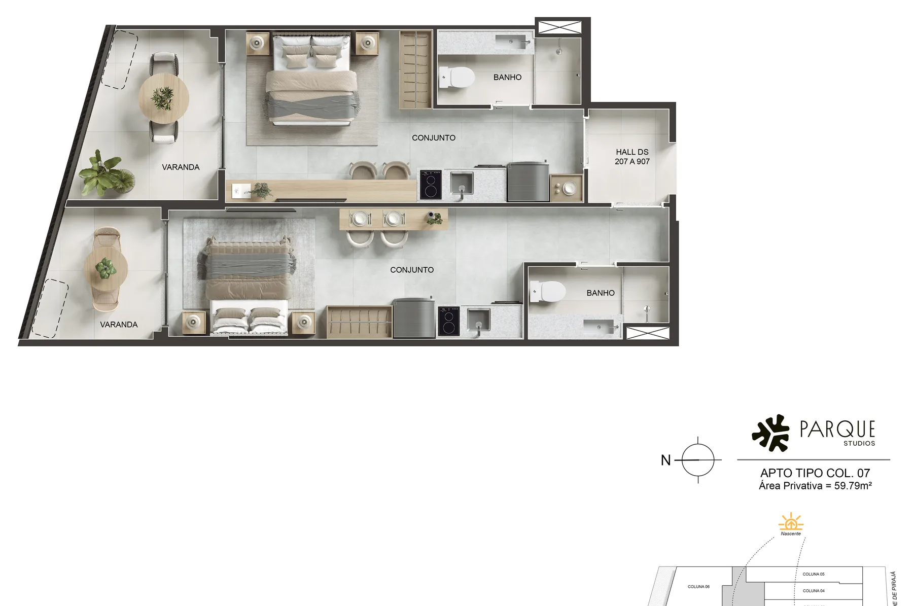 Planta humanizada: Double studio, coluna 07 · 59,79 m²
