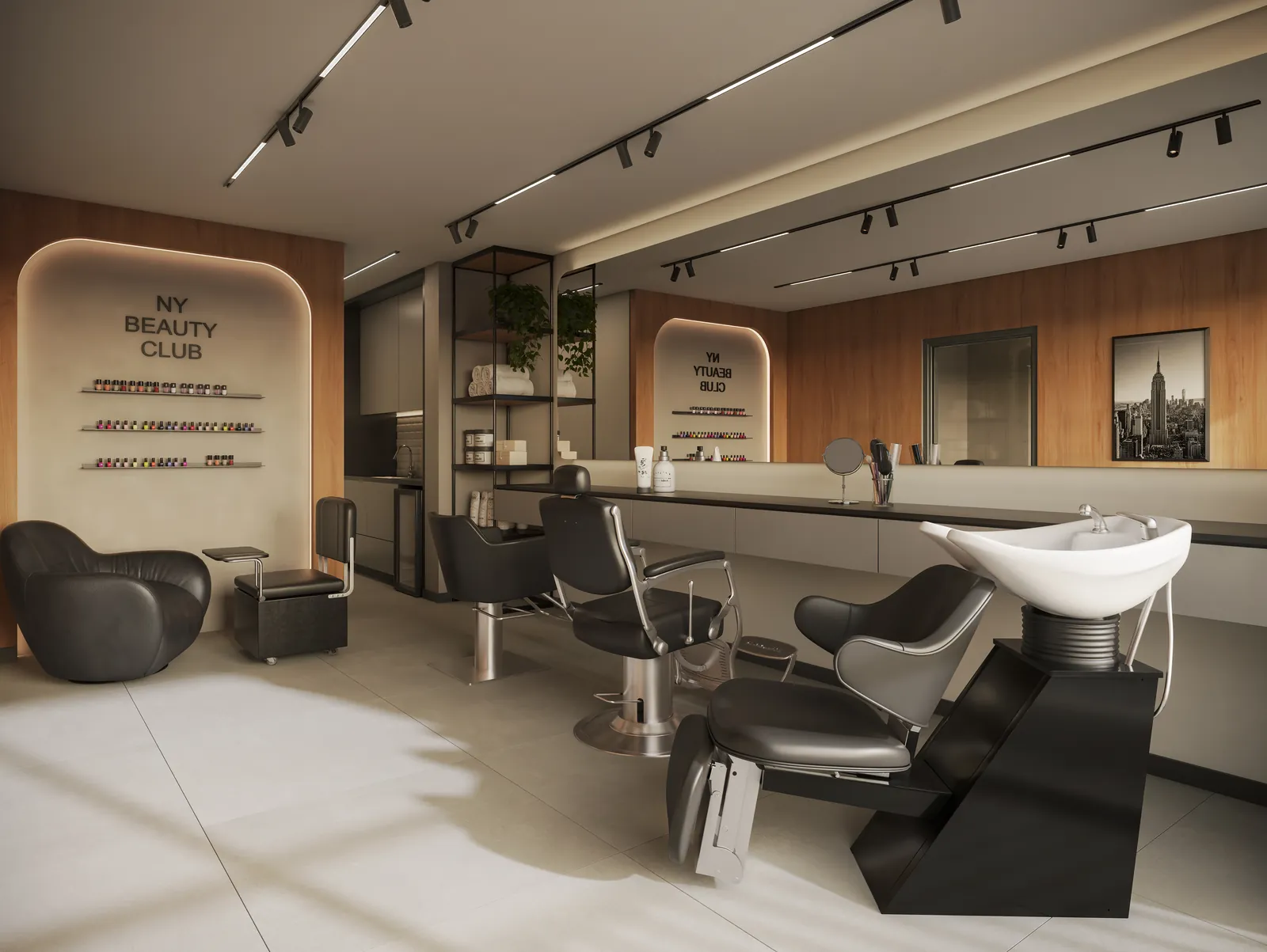 Salão de beleza e barbearia com cadeiras e lavatório