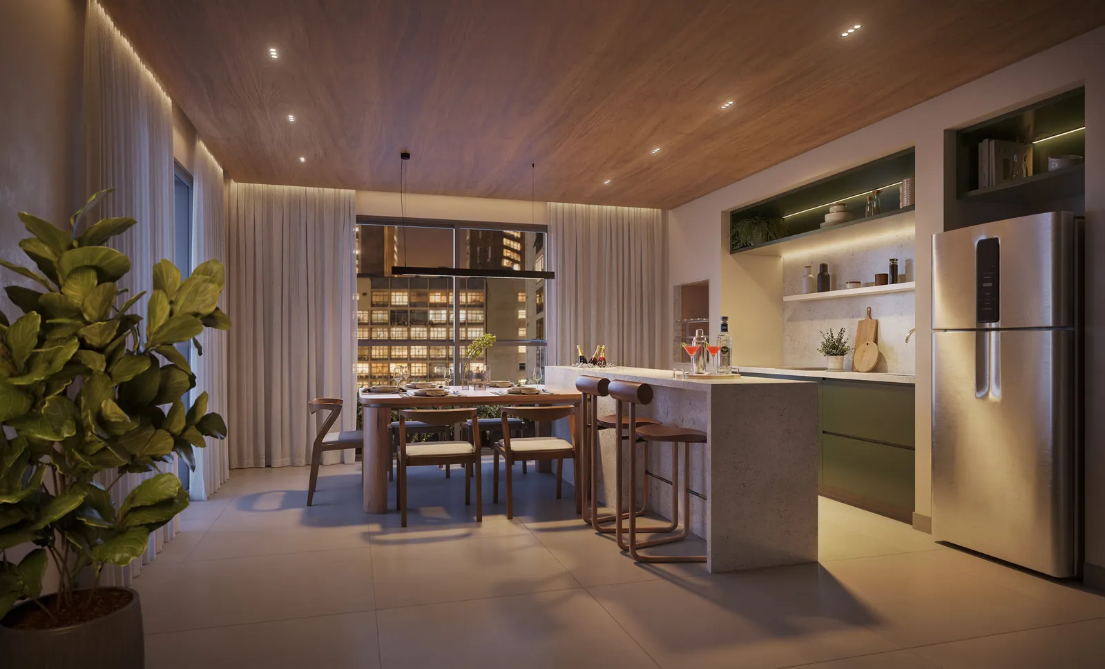 Espaço gourmet com bancada, mesa de jantar e estante iluminada