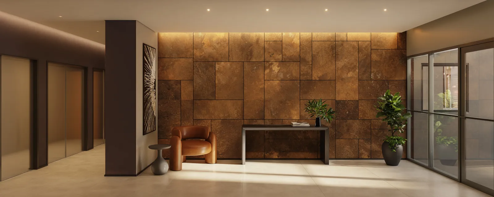 Lobby com parede de couro, balcão de madeira e plantas