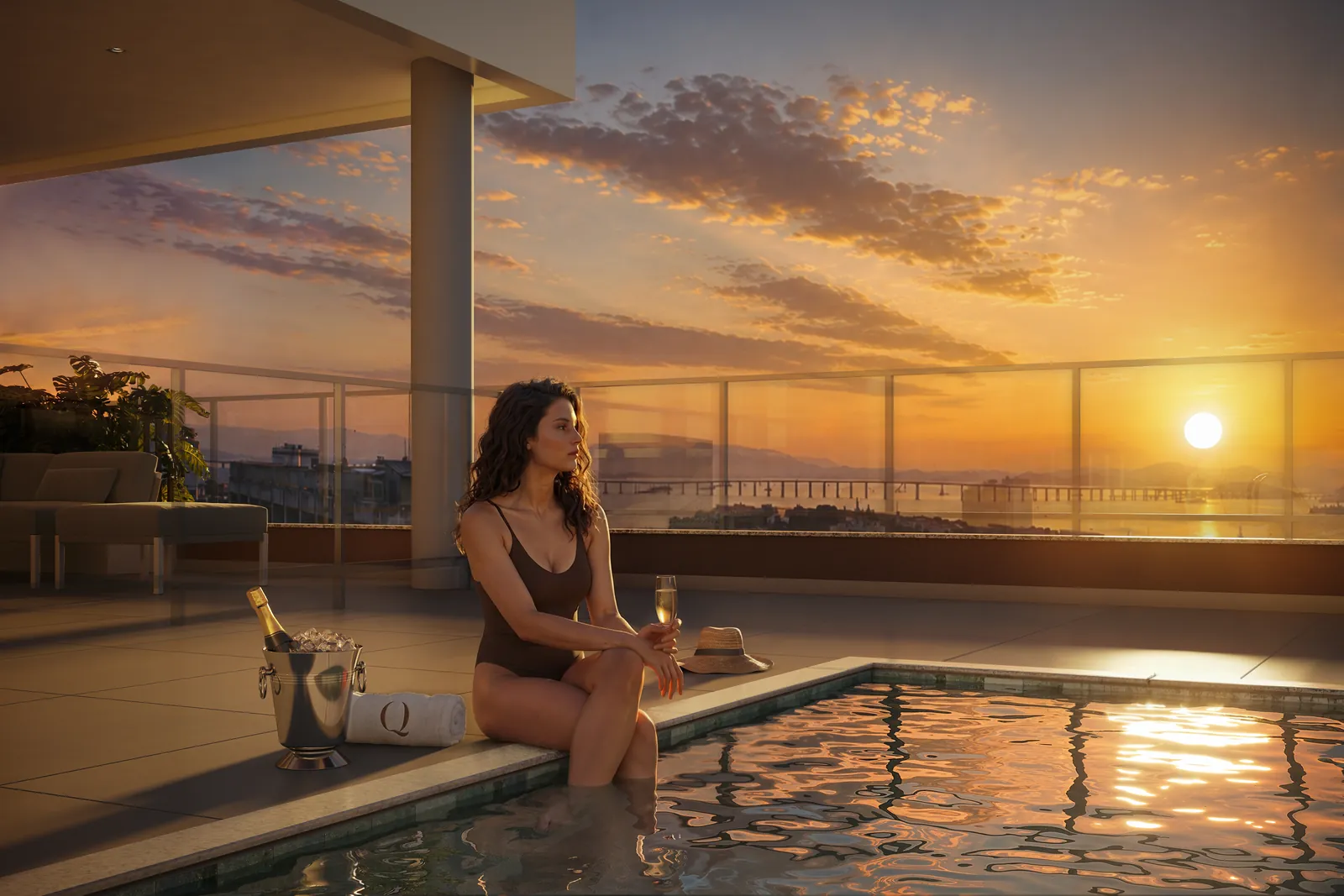 Mulher sentada na borda da piscina do rooftop ao pôr do sol, com a Baía ao fundo