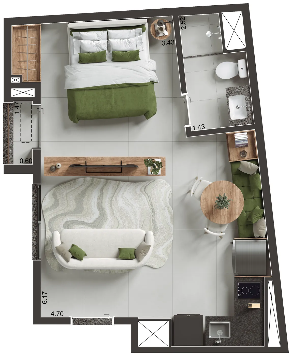 Planta humanizada do studio final 01, de 34,94 m²