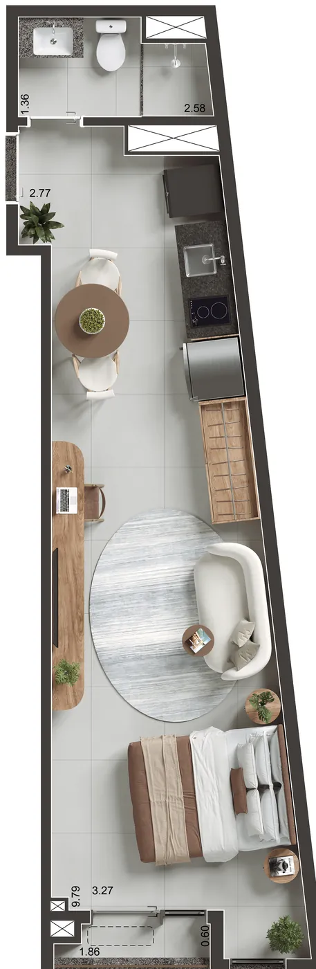 Planta humanizada do studio final 02, de 34,97 m²