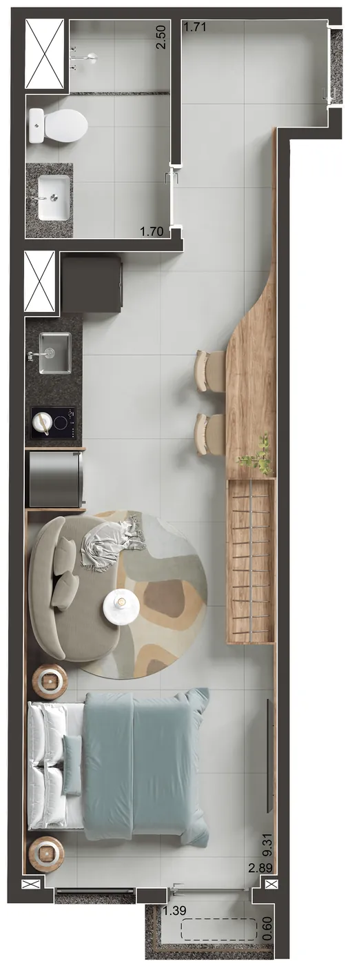 Planta humanizada do studio final 06, de 30,40 m²