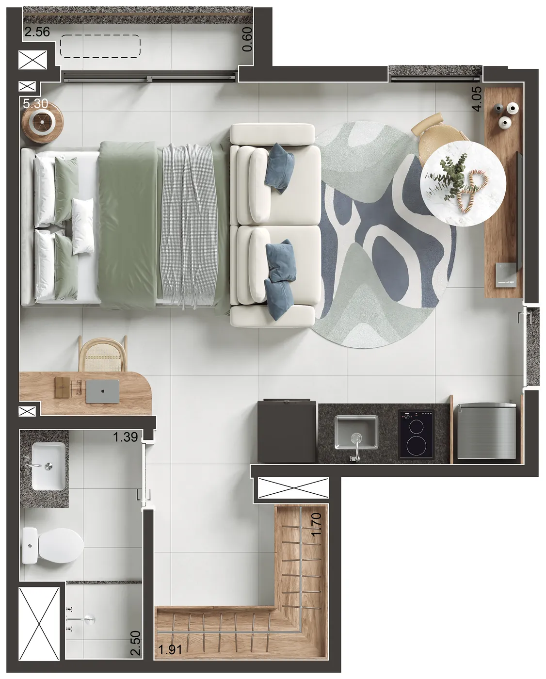 Planta humanizada do studio final 16, de 31,05 m²