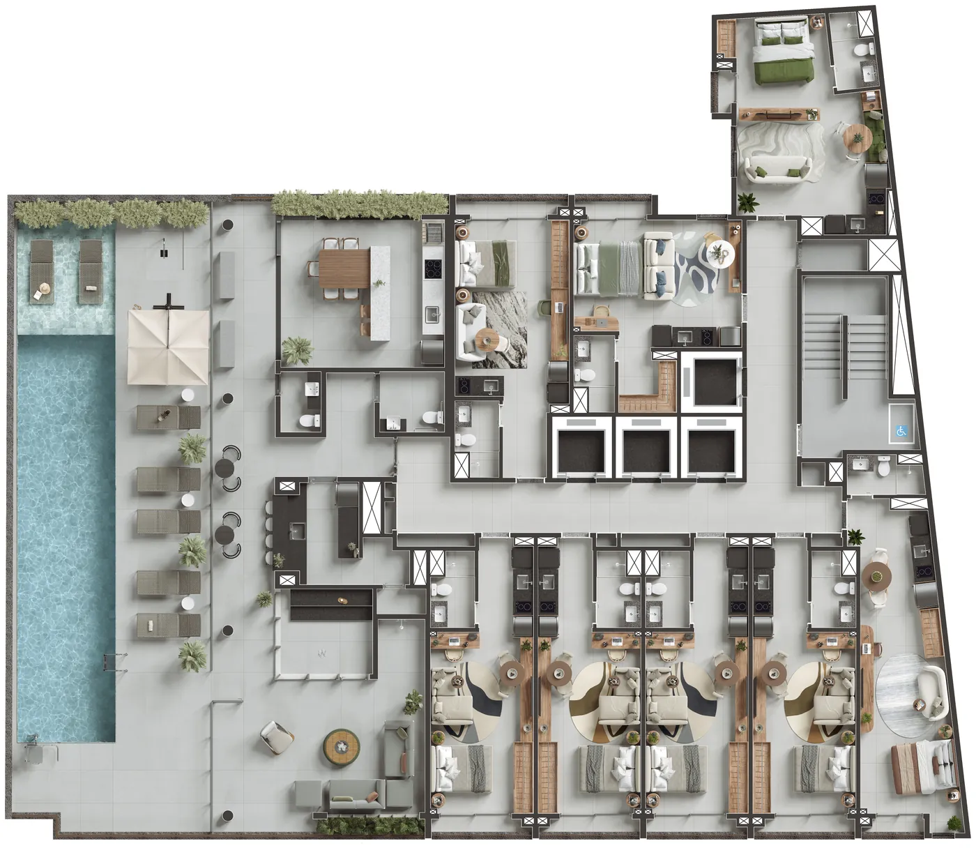 Planta humanizada do 24º andar, com os studios e a piscina do rooftop