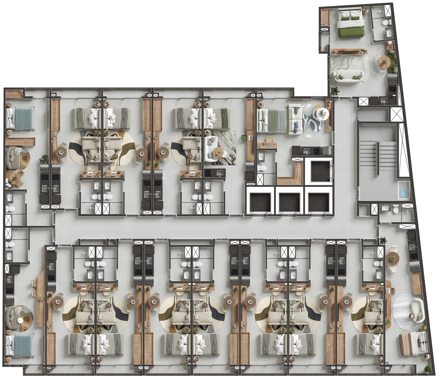 Planta humanizada do andar tipo do Q Studios, com 16 studios