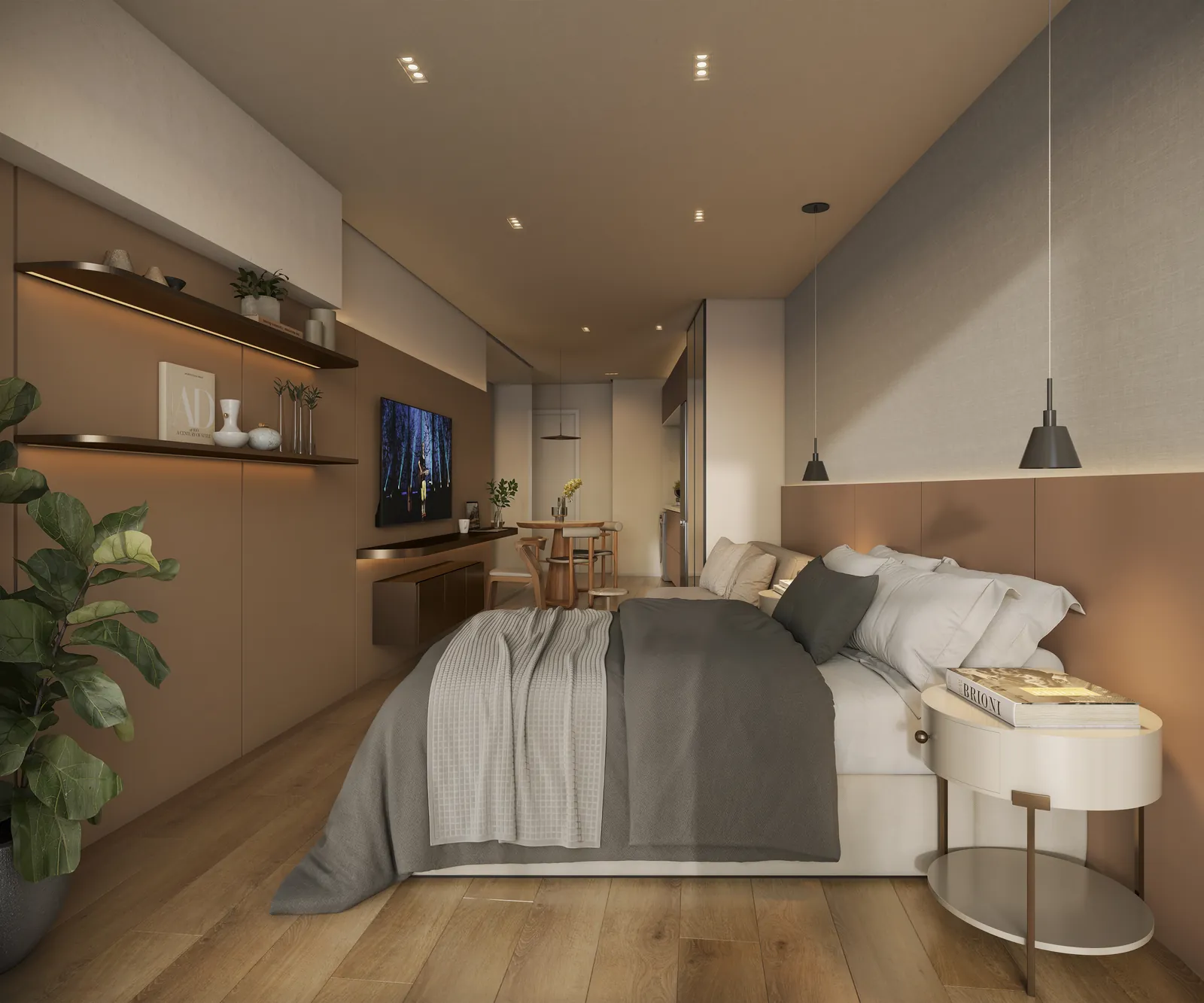 Cama de casal com cabeceira de madeira e mesa de trabalho