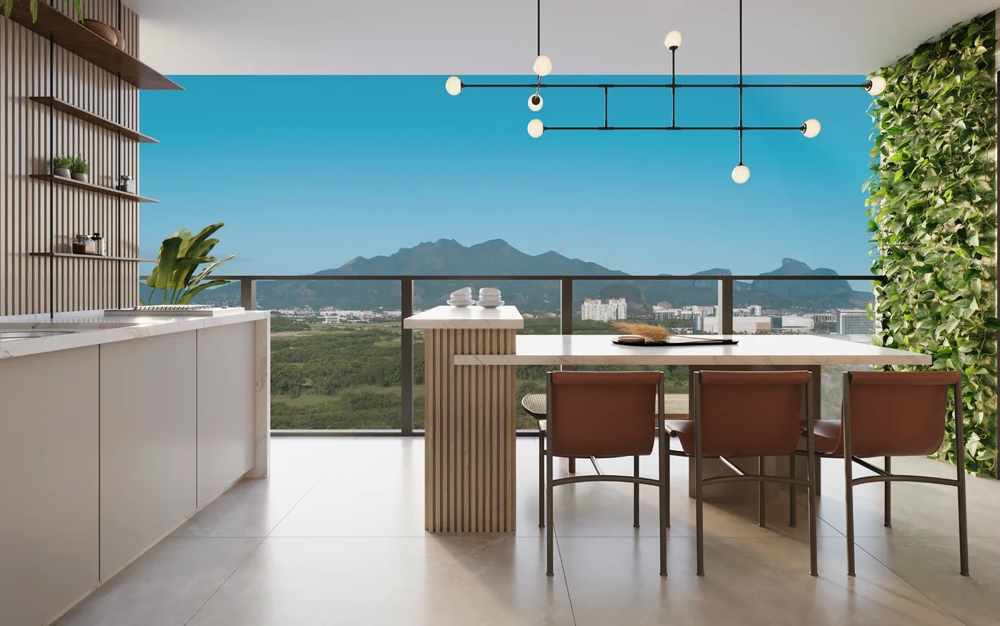 Varanda gourmet com bancada e vista para as montanhas