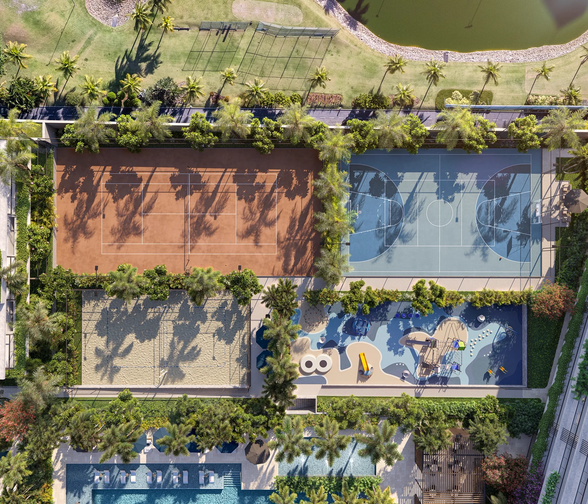 Vista aérea das quadras de tênis, de areia e recreativa