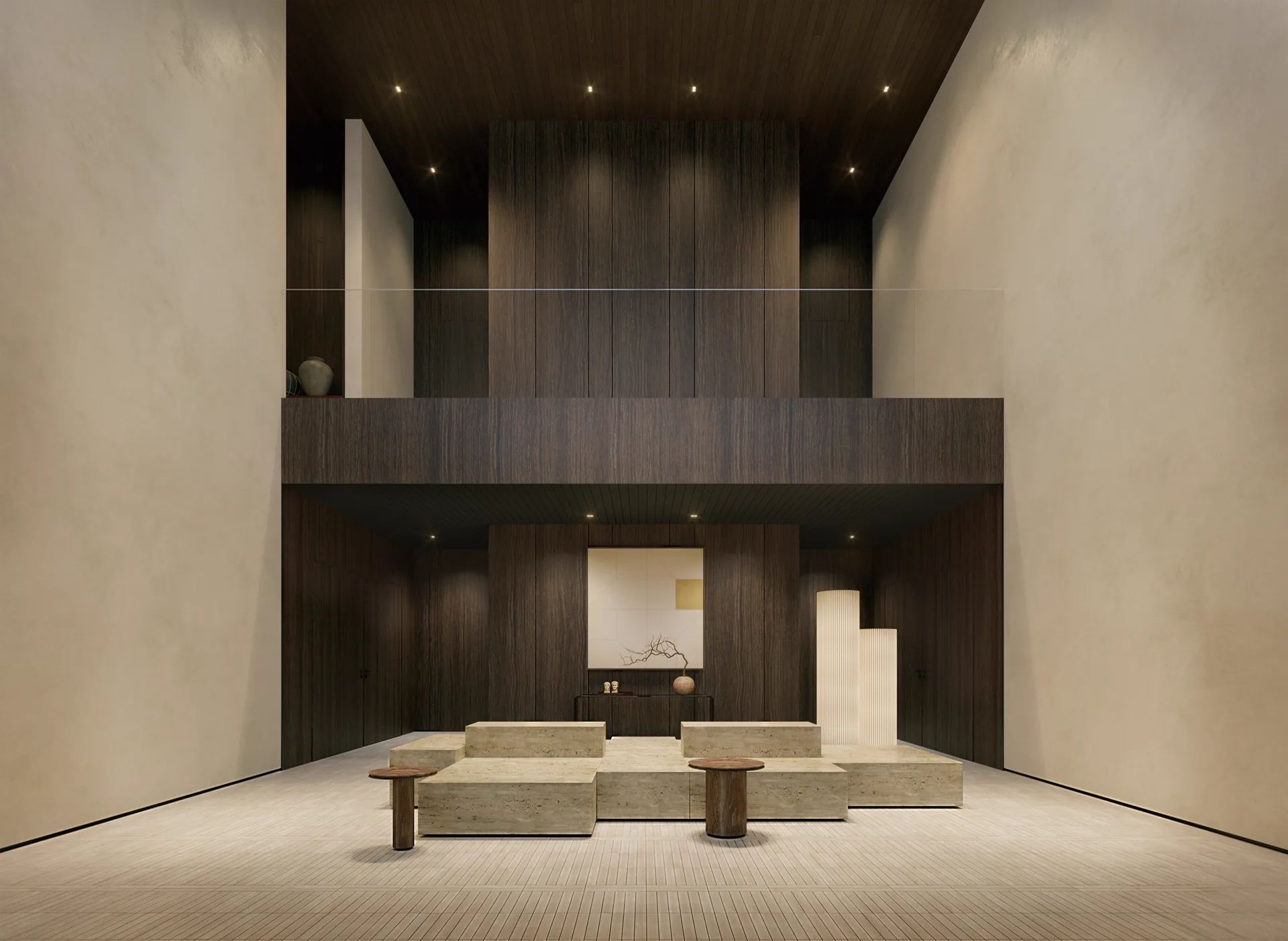 Lobby do RIIO, em pedra e madeira, com pé-direito alto