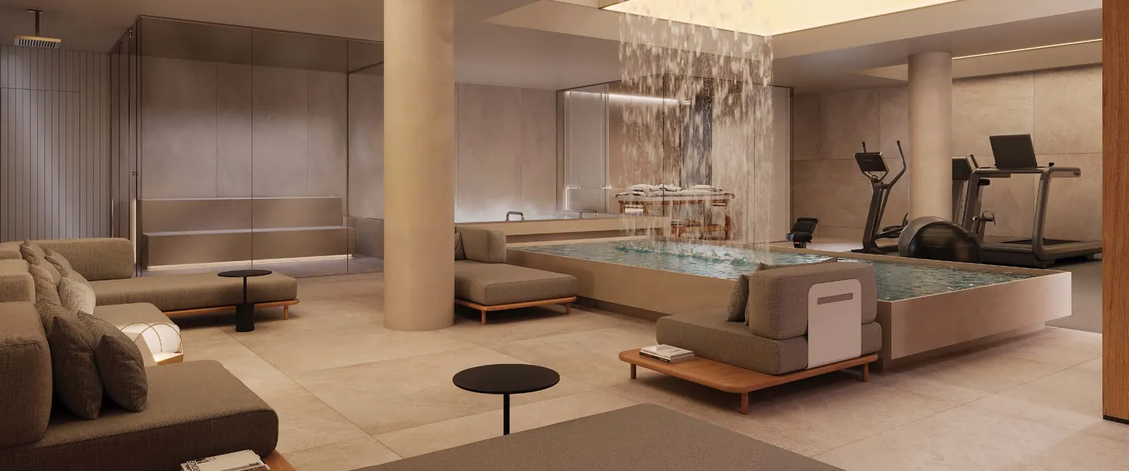 O lounge de repouso do spa do Riô, com poltronas e espelho d'água