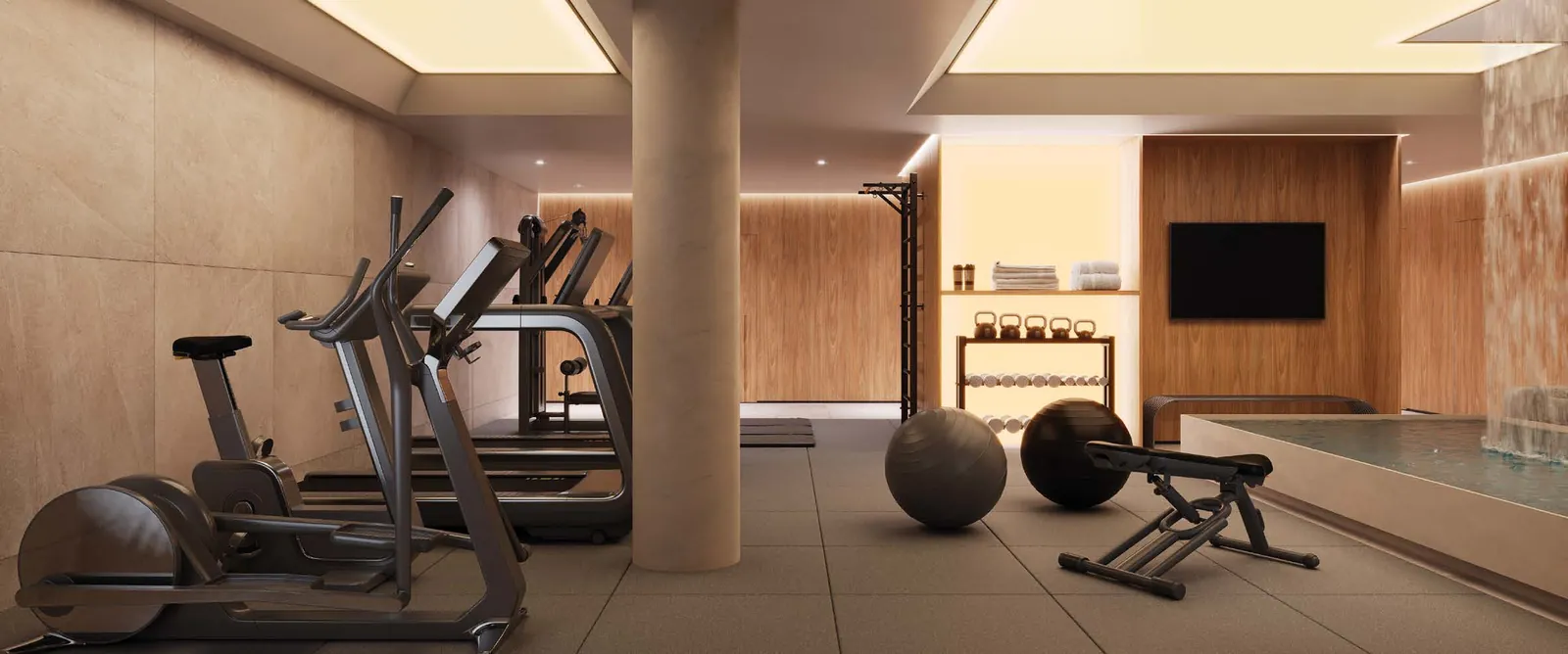 O espaço fitness do Riô, com bicicleta e bola de pilates