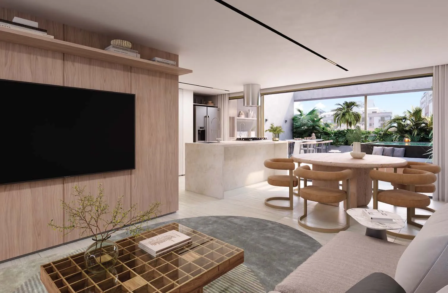 O andar de cima de uma cobertura duplex do Riô, com sala e cozinha