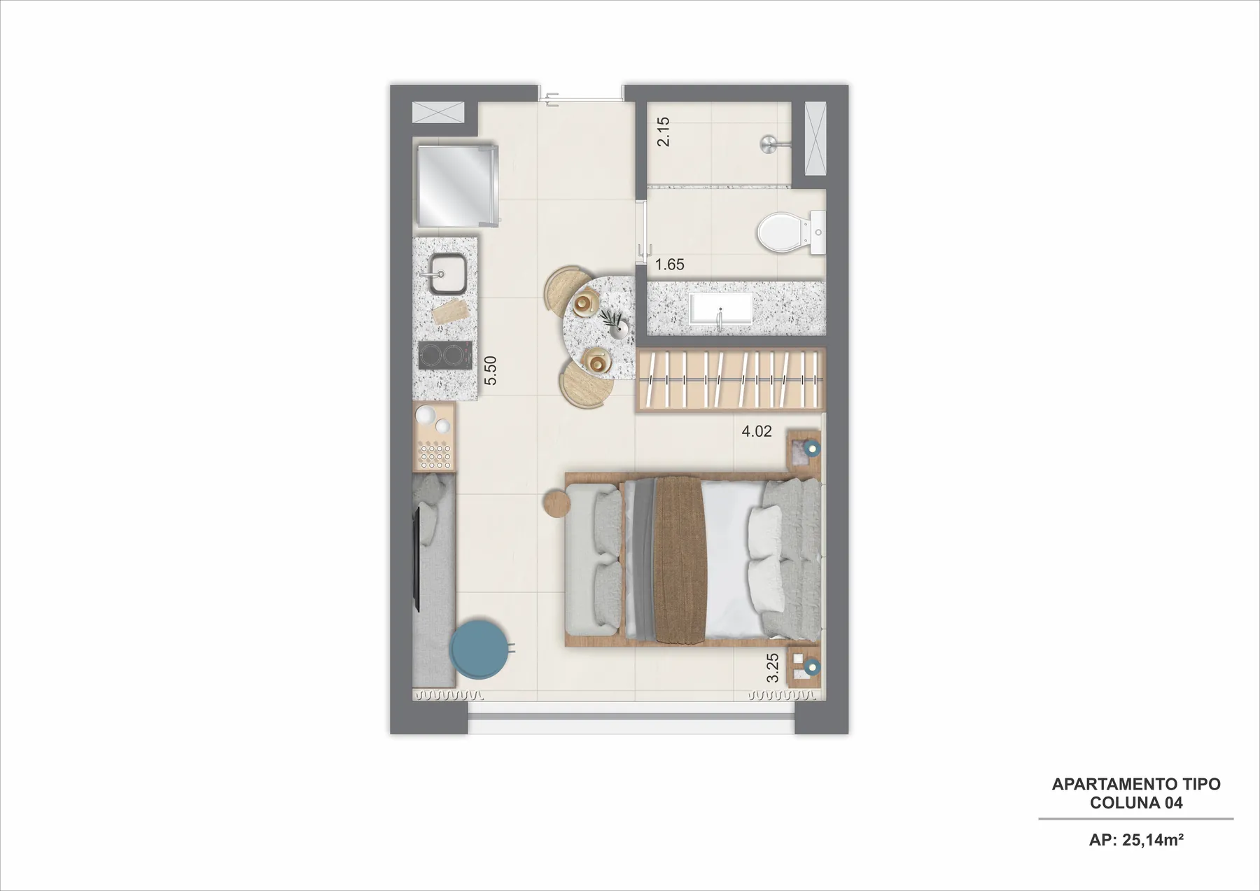 Planta humanizada do studio da coluna 04 do Sal, com 25,14 m²