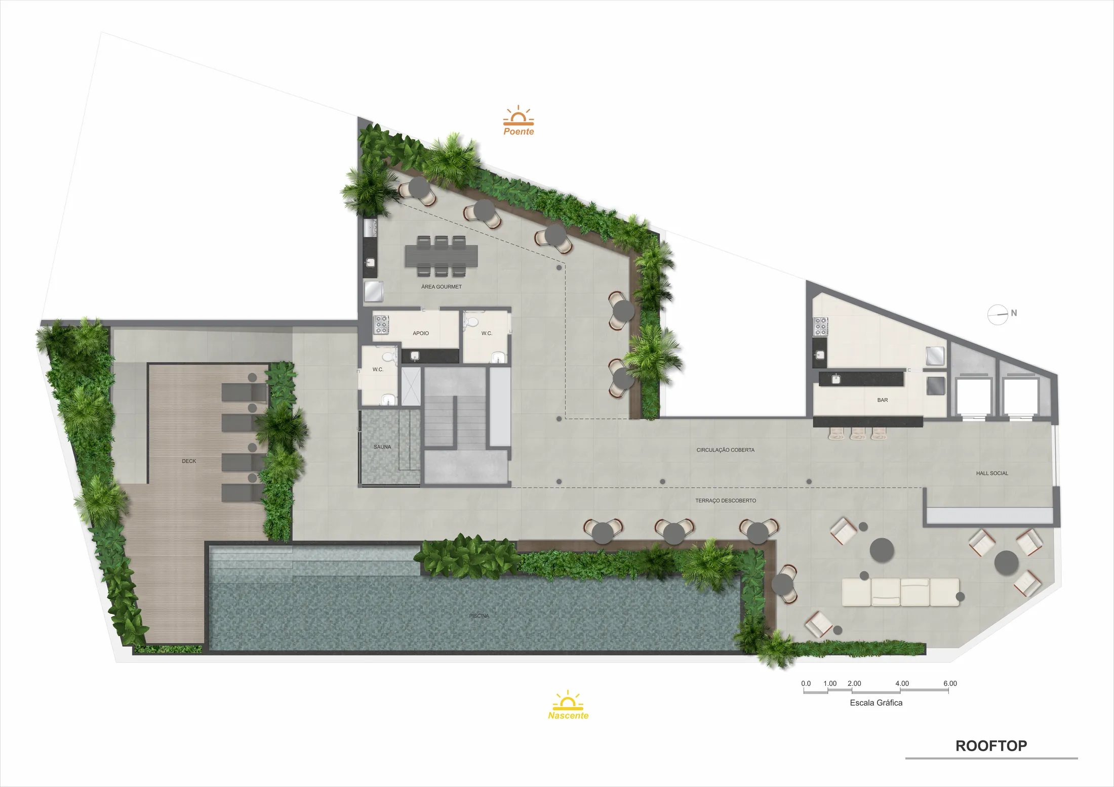 Planta do rooftop do Sal, com a piscina, o bar, a área gourmet e a sauna